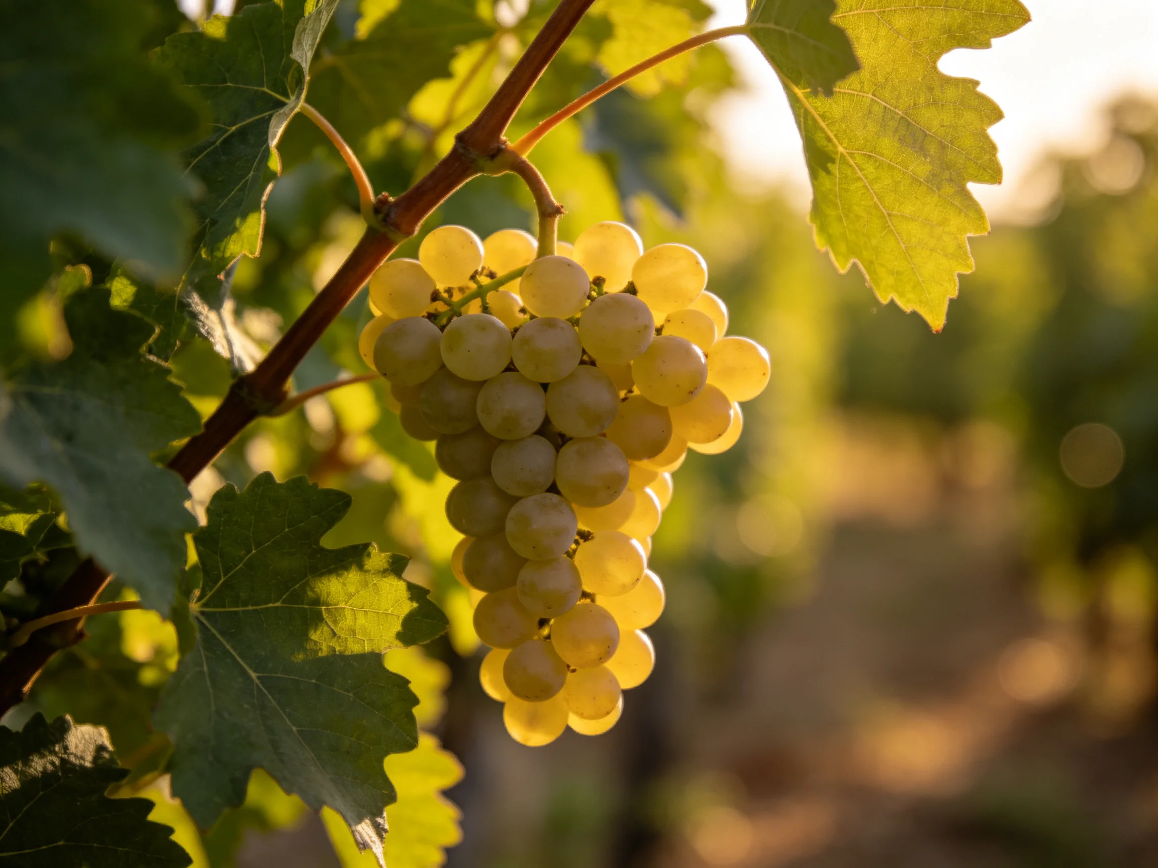 Golden grapes hang from a vine amid lush green vines and warm sunlight.