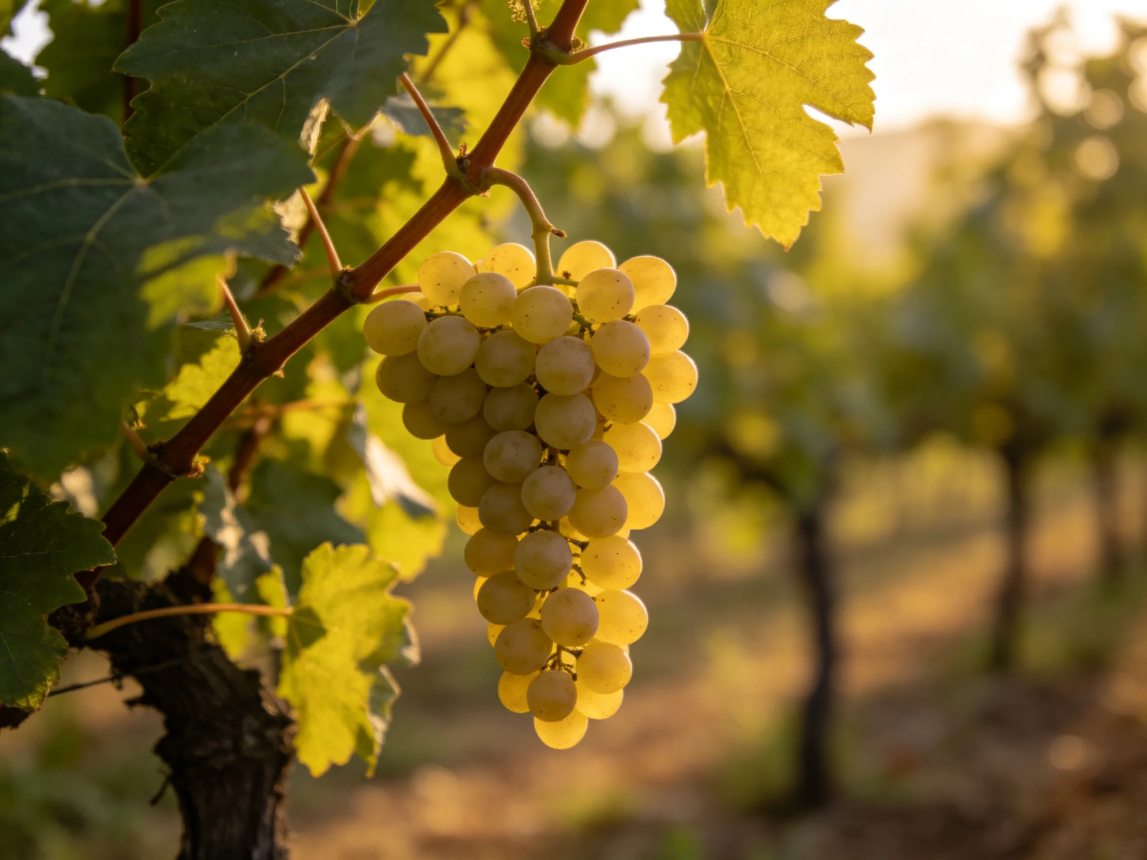 Golden grapes hang from a vine in sunlit vineyard rows