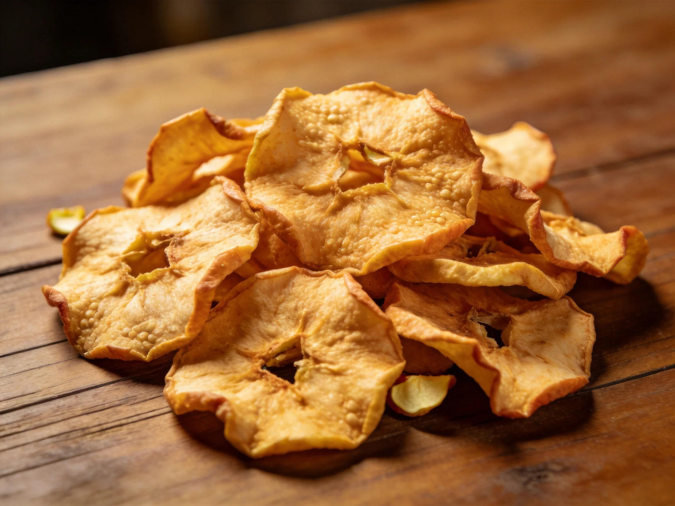 Golden-hued dried apple slices on a rustic wooden surface
