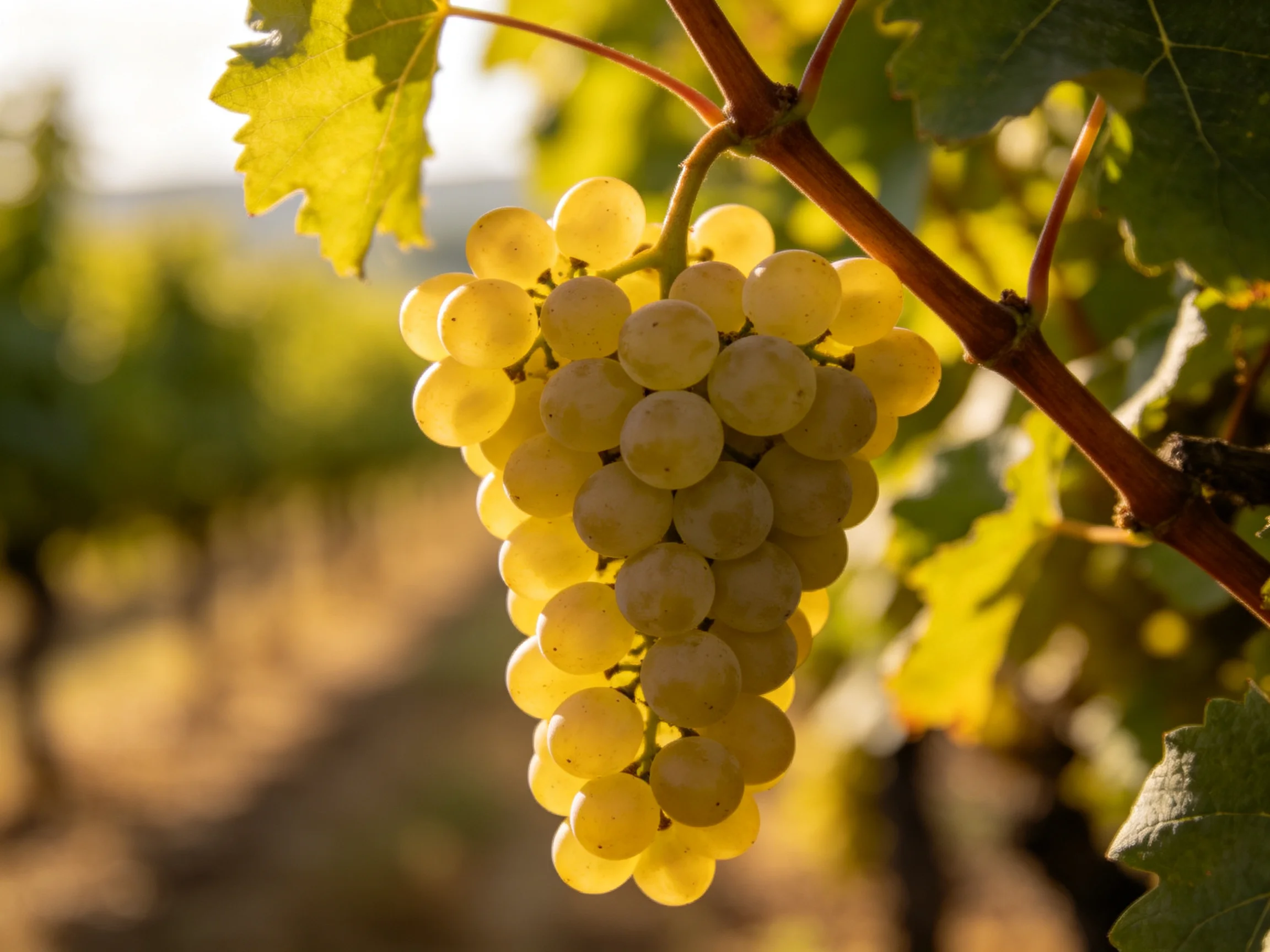 Golden-hued grapes cluster on a vine in a sunlit vineyard