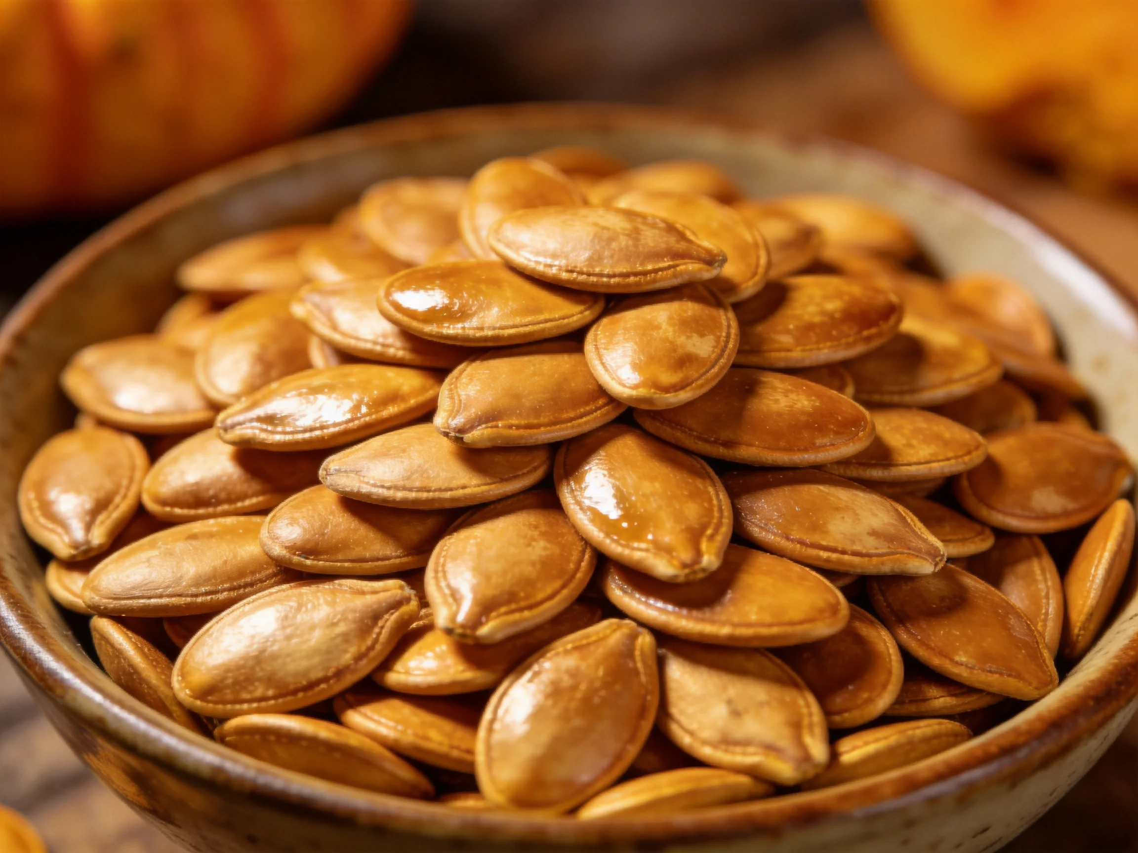 Golden-hued pumpkin seeds piled generously in a rustic bowl