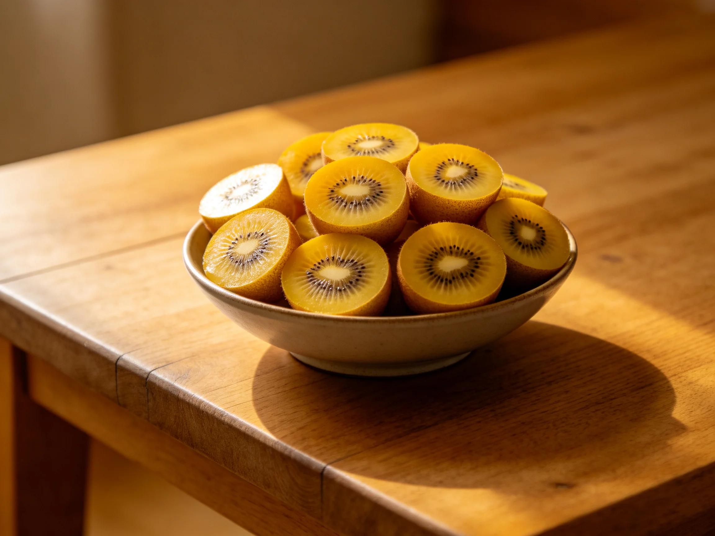Golden kiwi slices arranged in a bowl on a wooden table