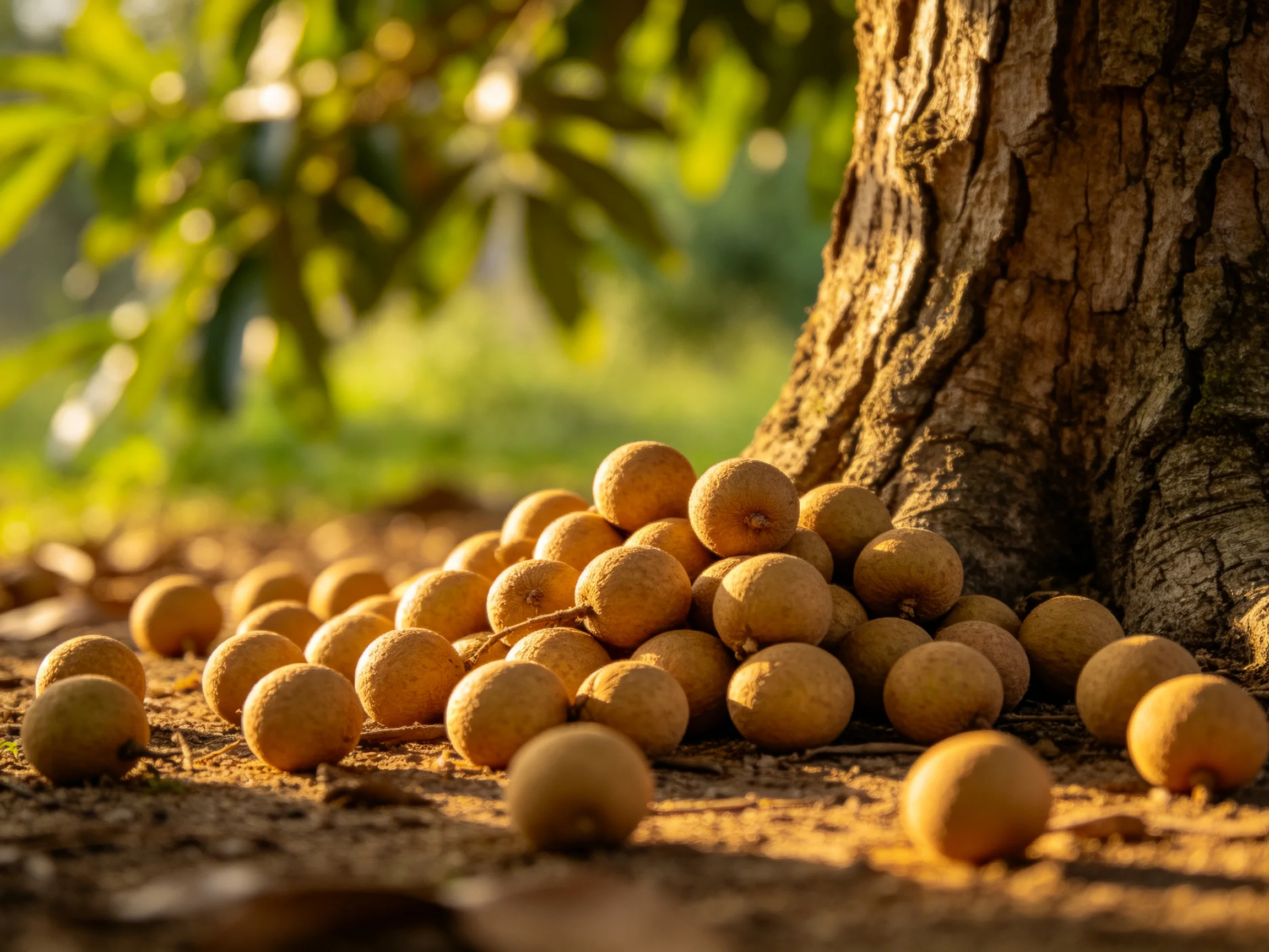 Golden longan fruits piled beside a large tree trunk