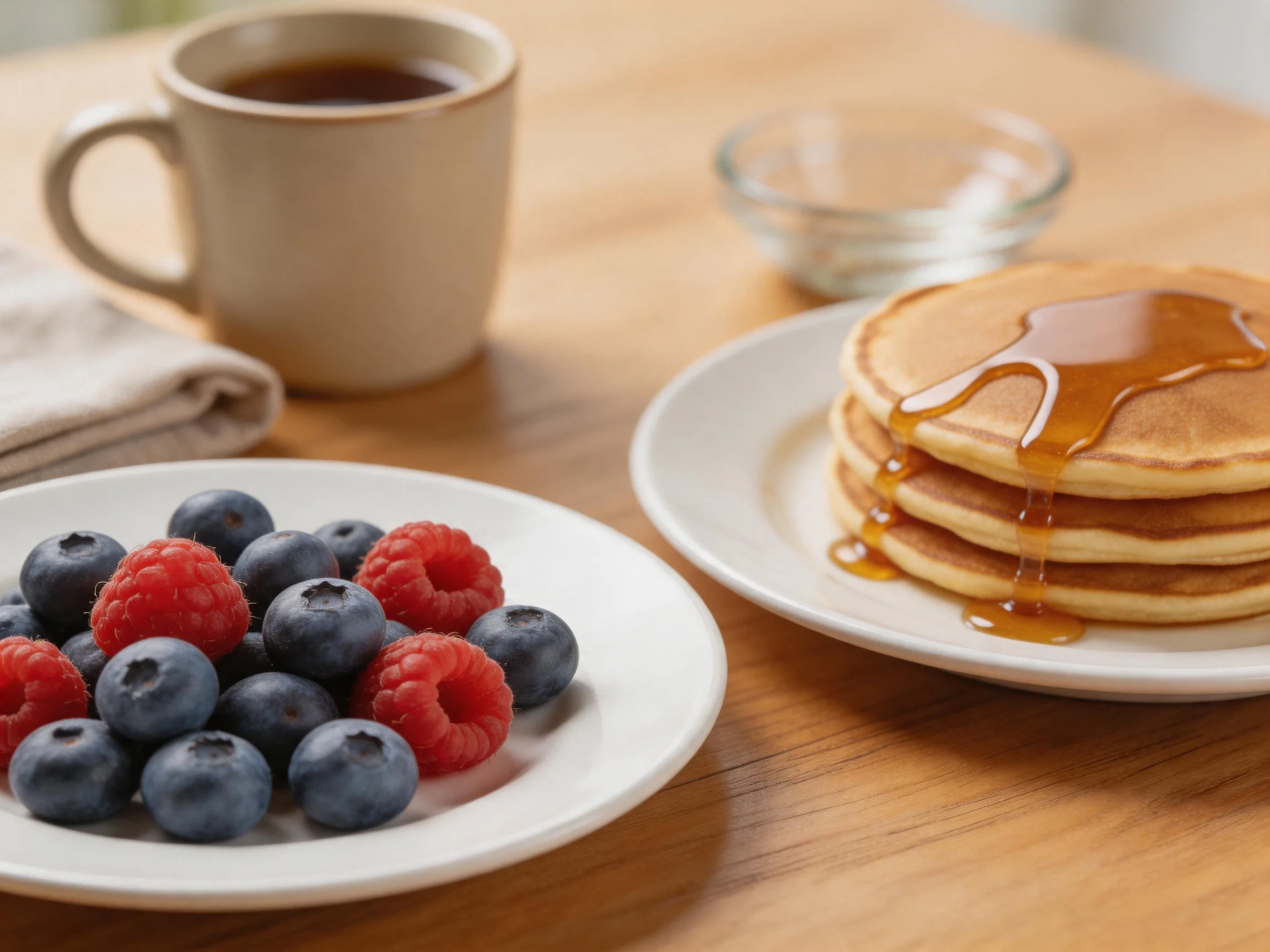Golden pancakes with syrup, mixed berries, and coffee on a wooden table