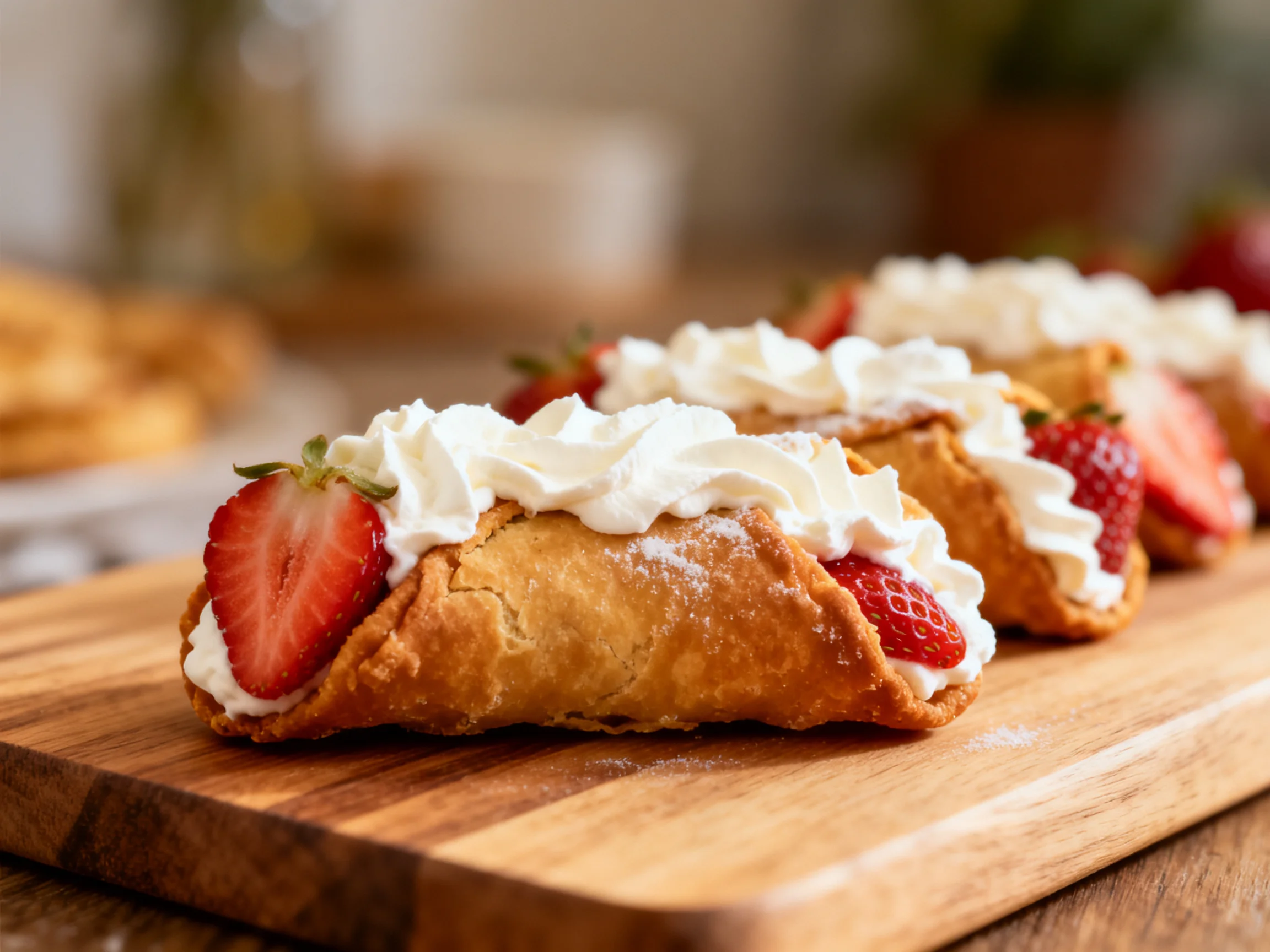 Golden pastry cones filled with strawberries and whipped cream