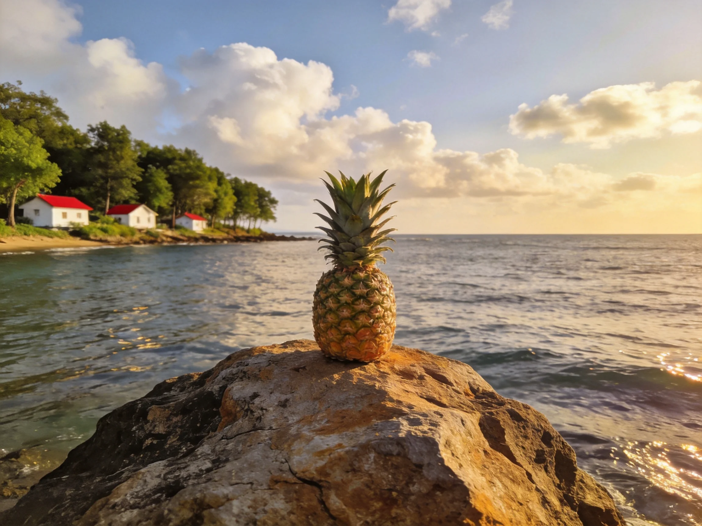 Golden pineapple atop rocky outcrop by coastal waters
