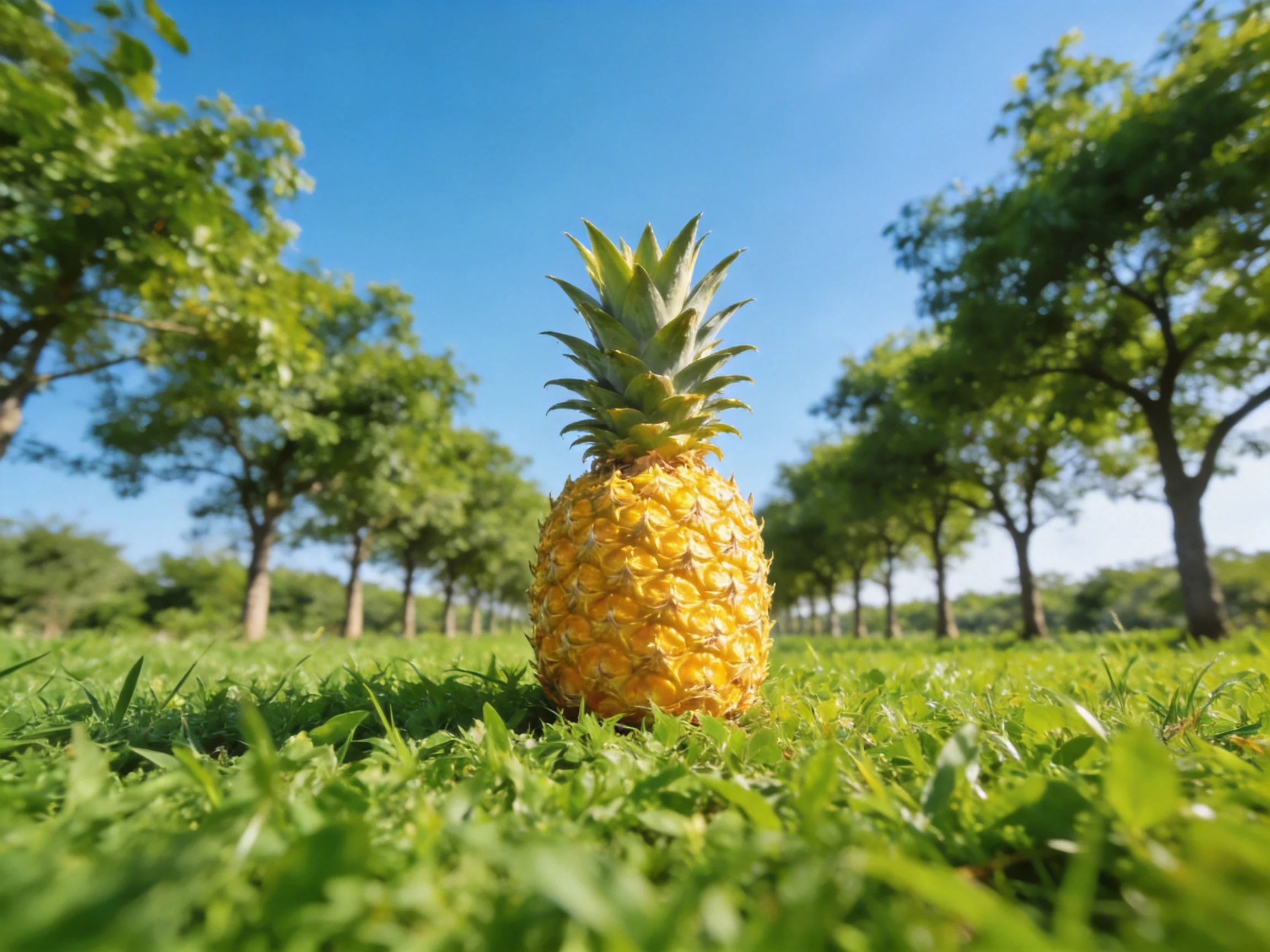 Golden pineapple on lush green grass among leafy trees under bright blue sky