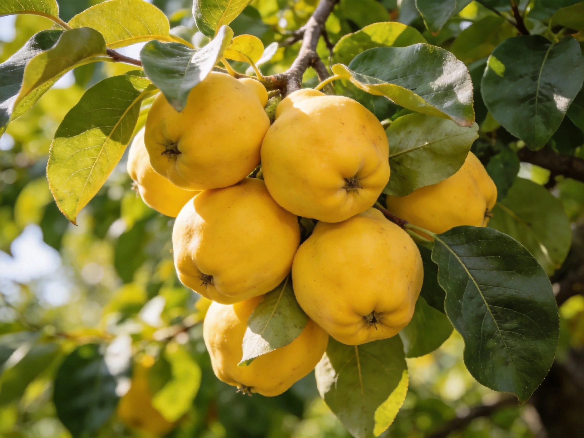 Golden quince fruits clustered on a leafy tree branch