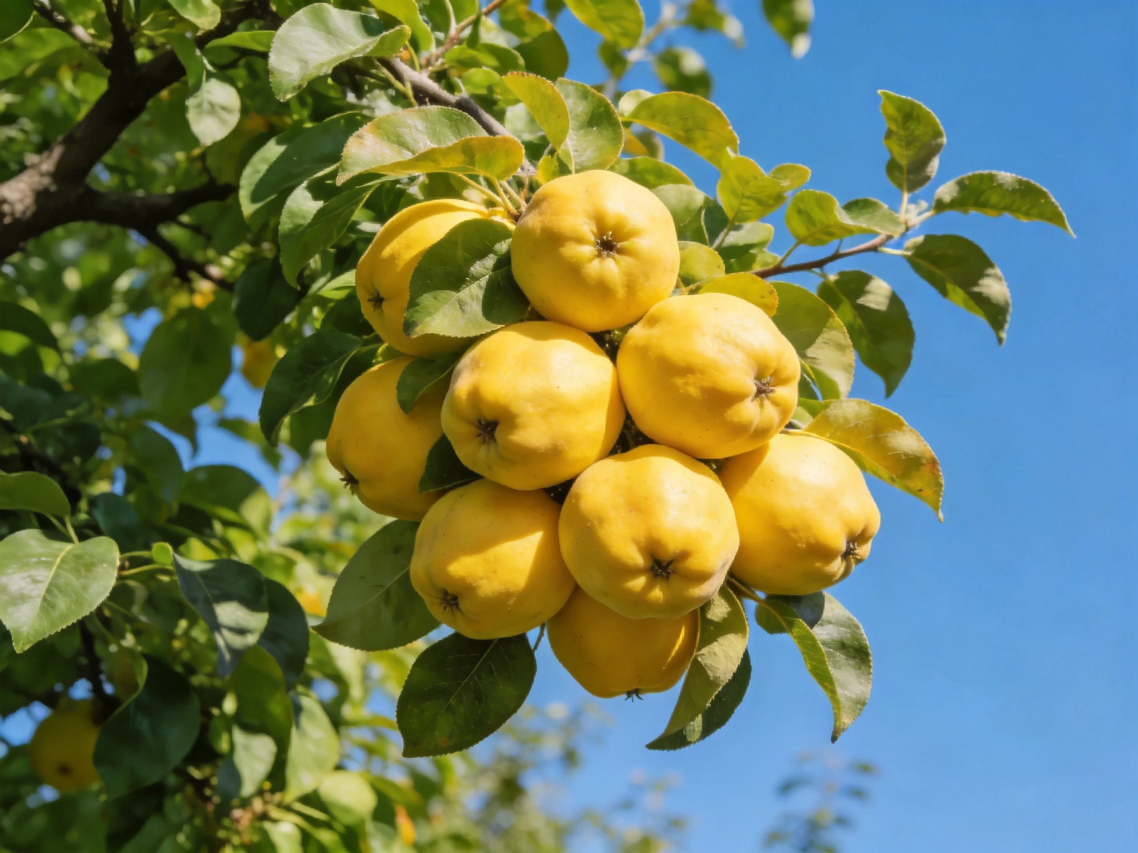 Golden quince fruits clustered on a leafy tree branch under clear blue sky