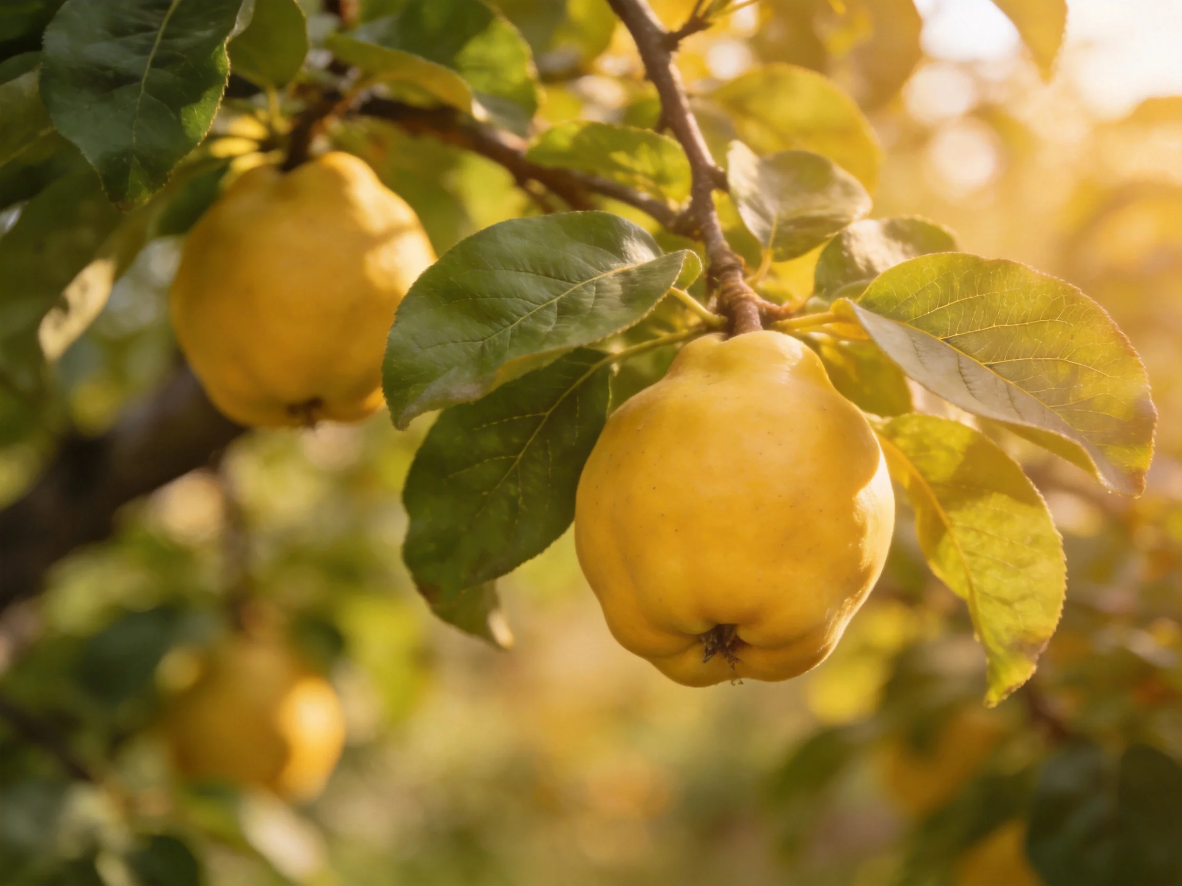 Golden quinces hang from branches with lush green leaves under warm sunlight