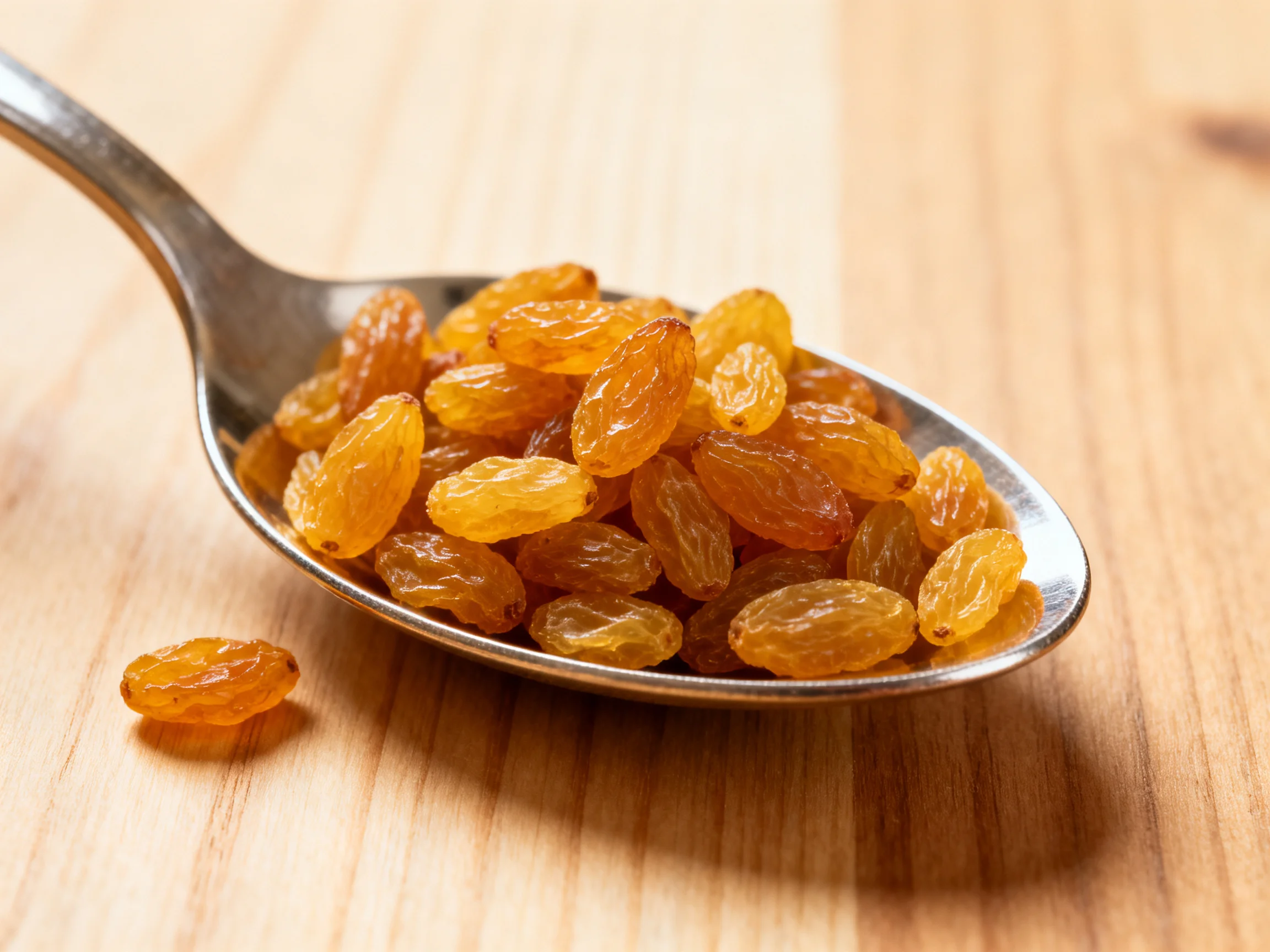Golden raisins heaped on a metallic spoon on a wooden surface