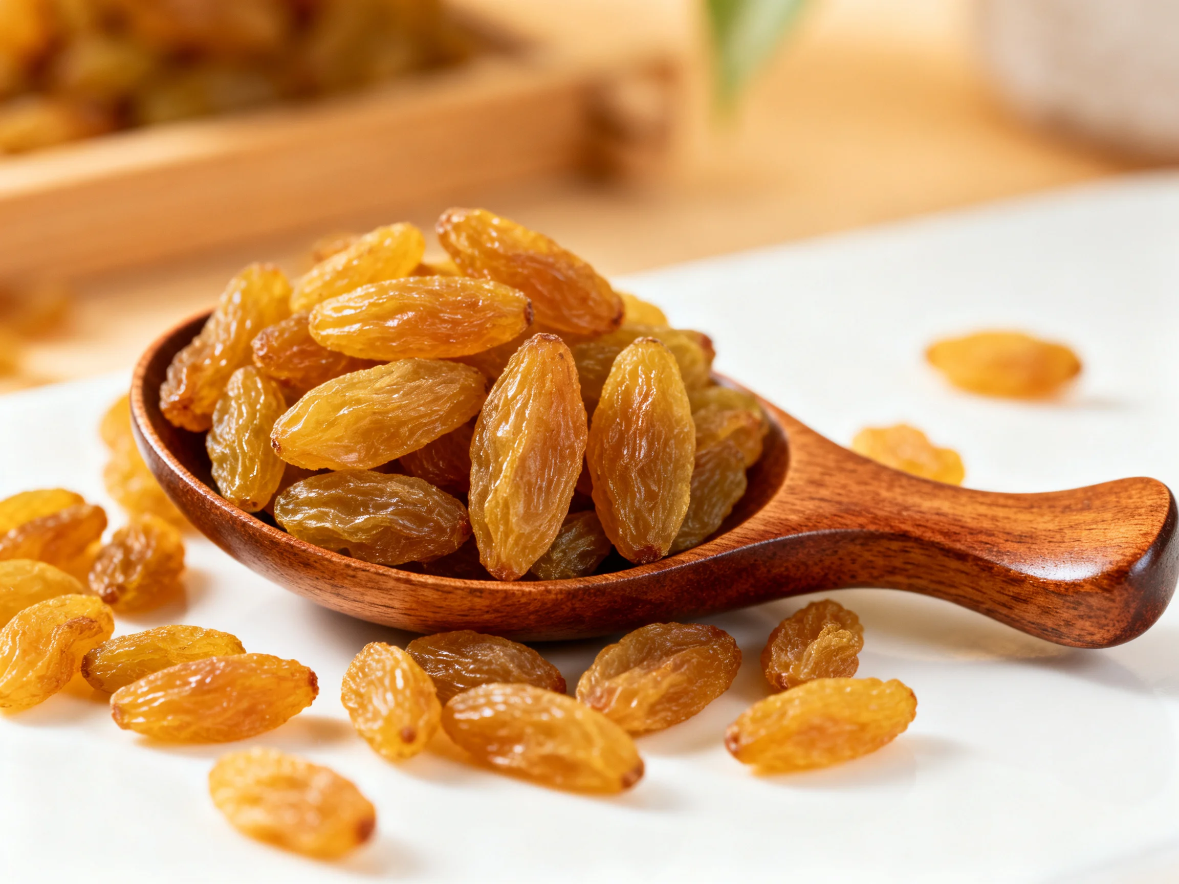 Golden raisins piled in a polished wooden spoon on a white surface