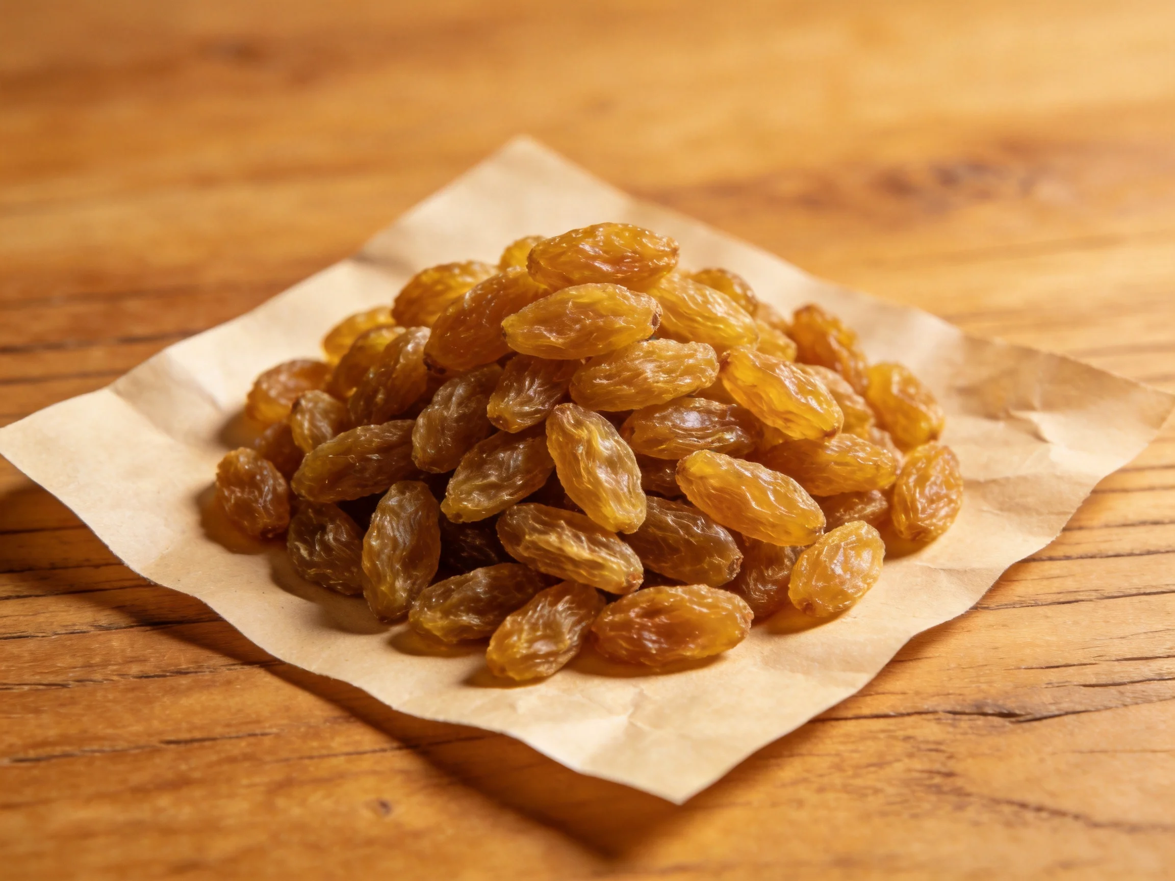 Golden raisins stacked on a brown paper towel atop a wooden surface