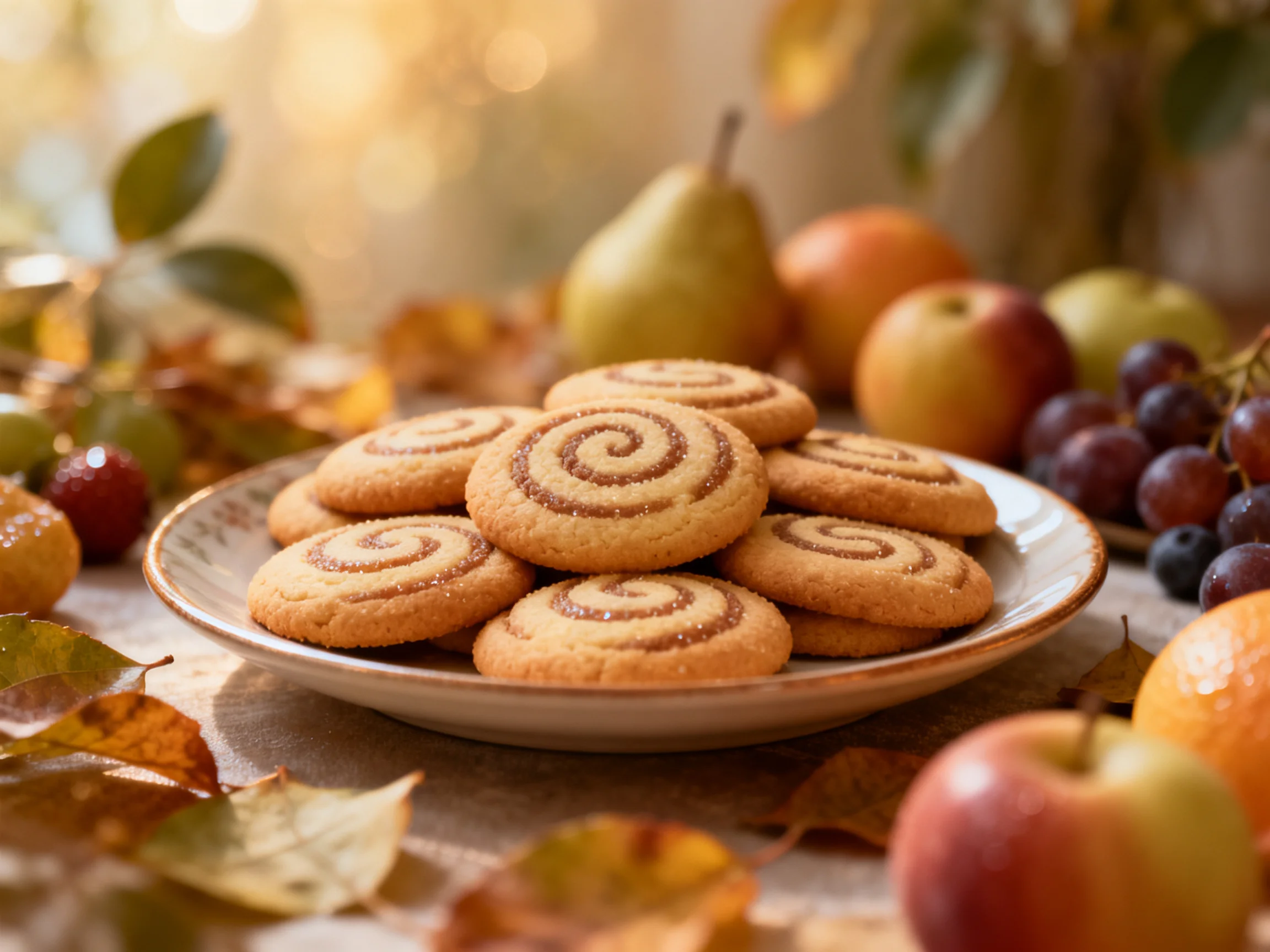 Golden spiral cookies on a plate with autumn fruits and leaves