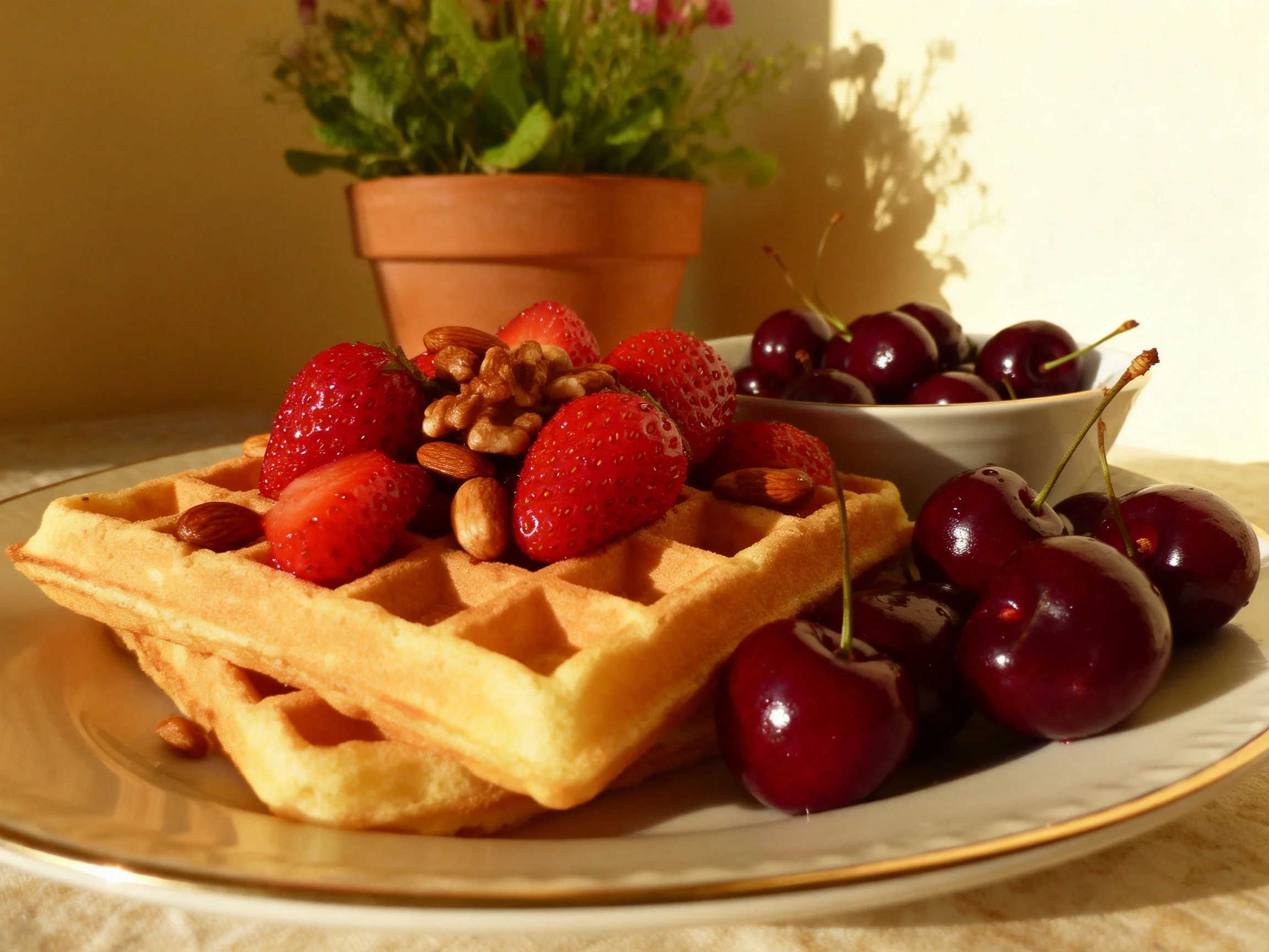 Golden waffles topped with strawberries, walnuts, almonds, and cherries