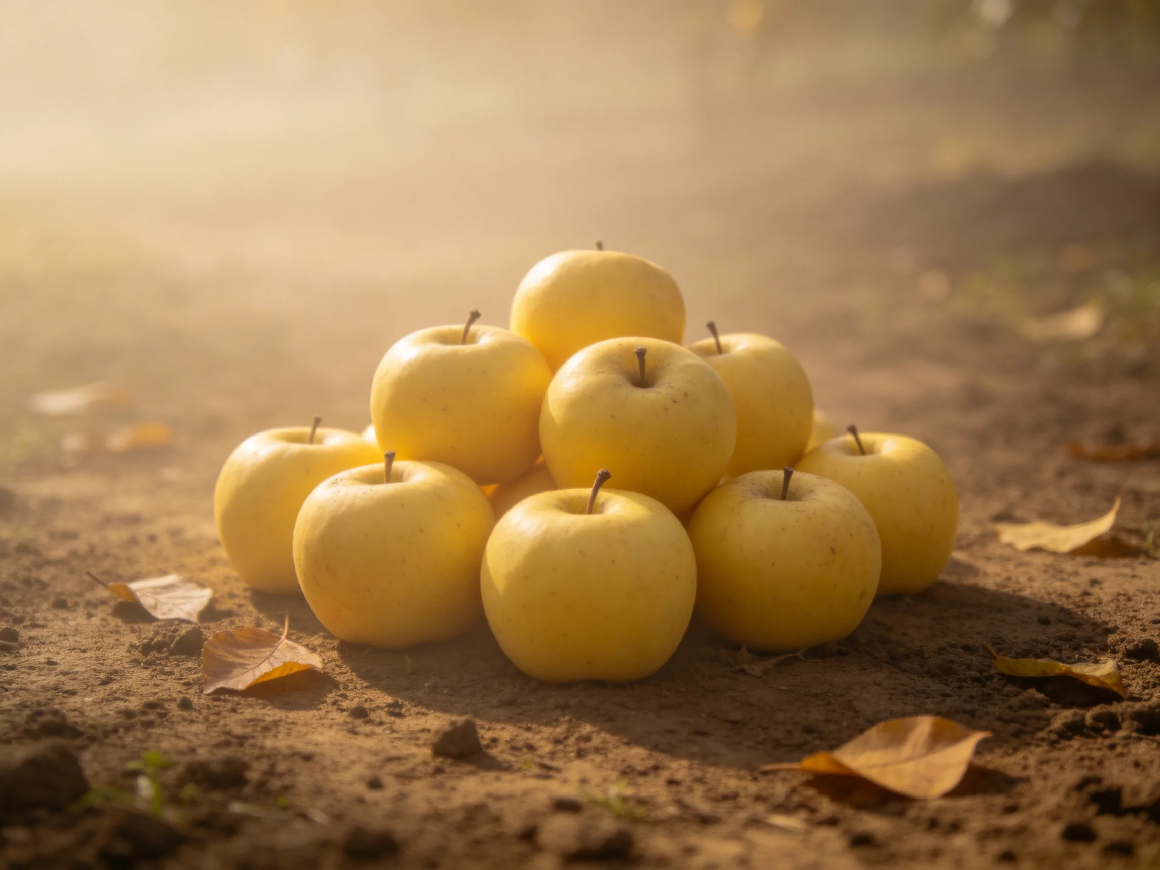 Golden-yellow apples stacked in a pyramid on earthy soil with fallen leaves