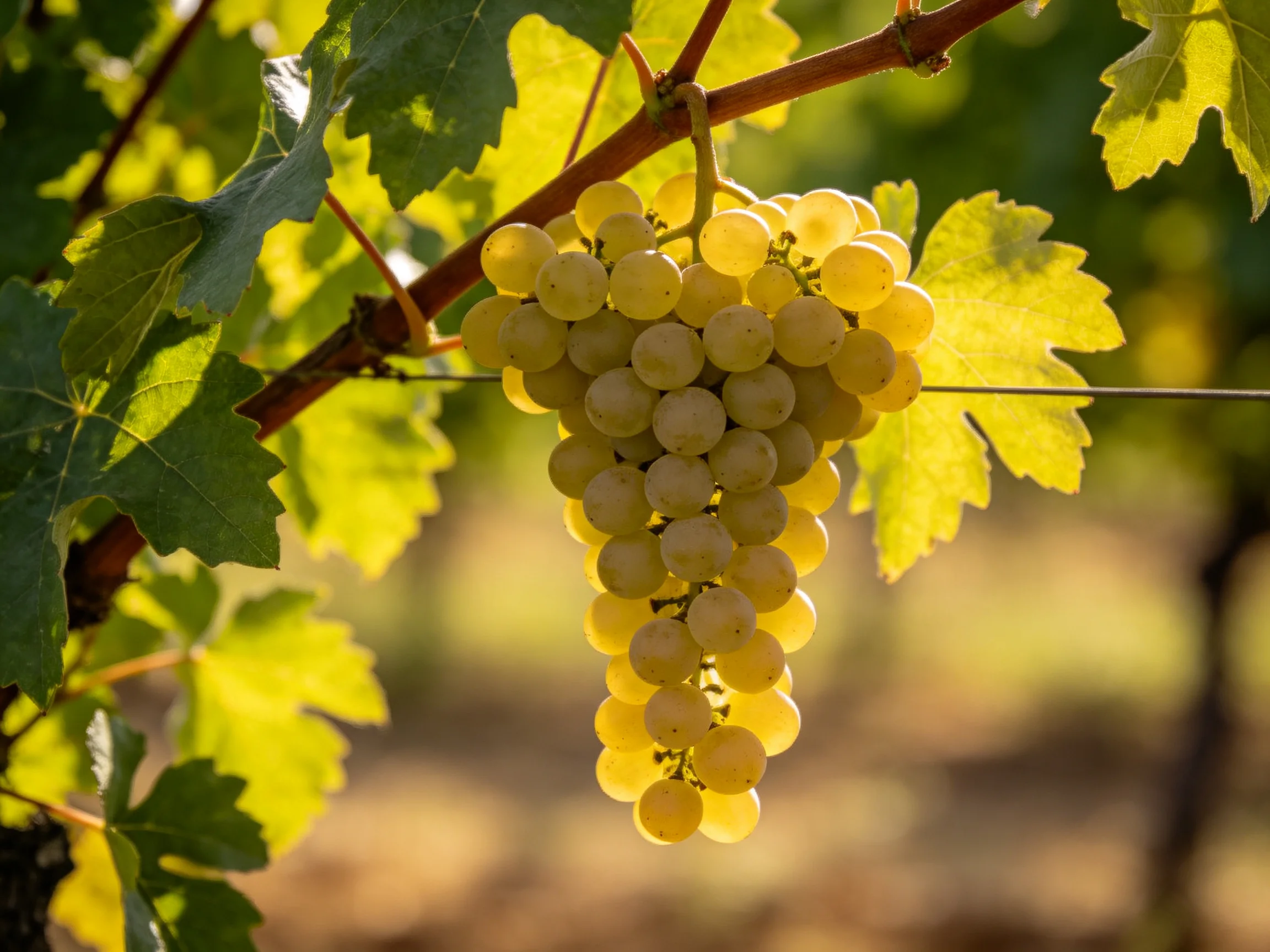 Goldengrapes cluster on a vine amid sunlit green leaves