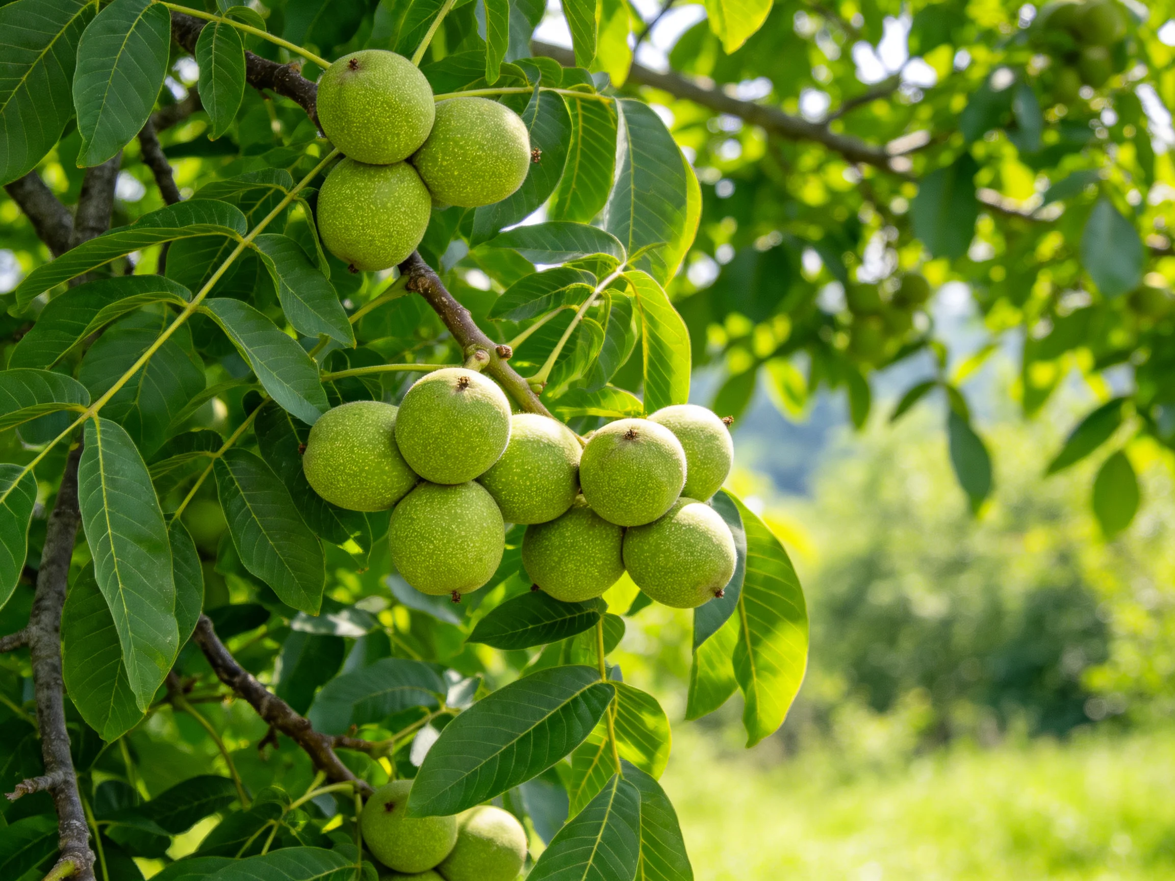 Green Walnuts Clustered on Tree Branches with Lush Foliage