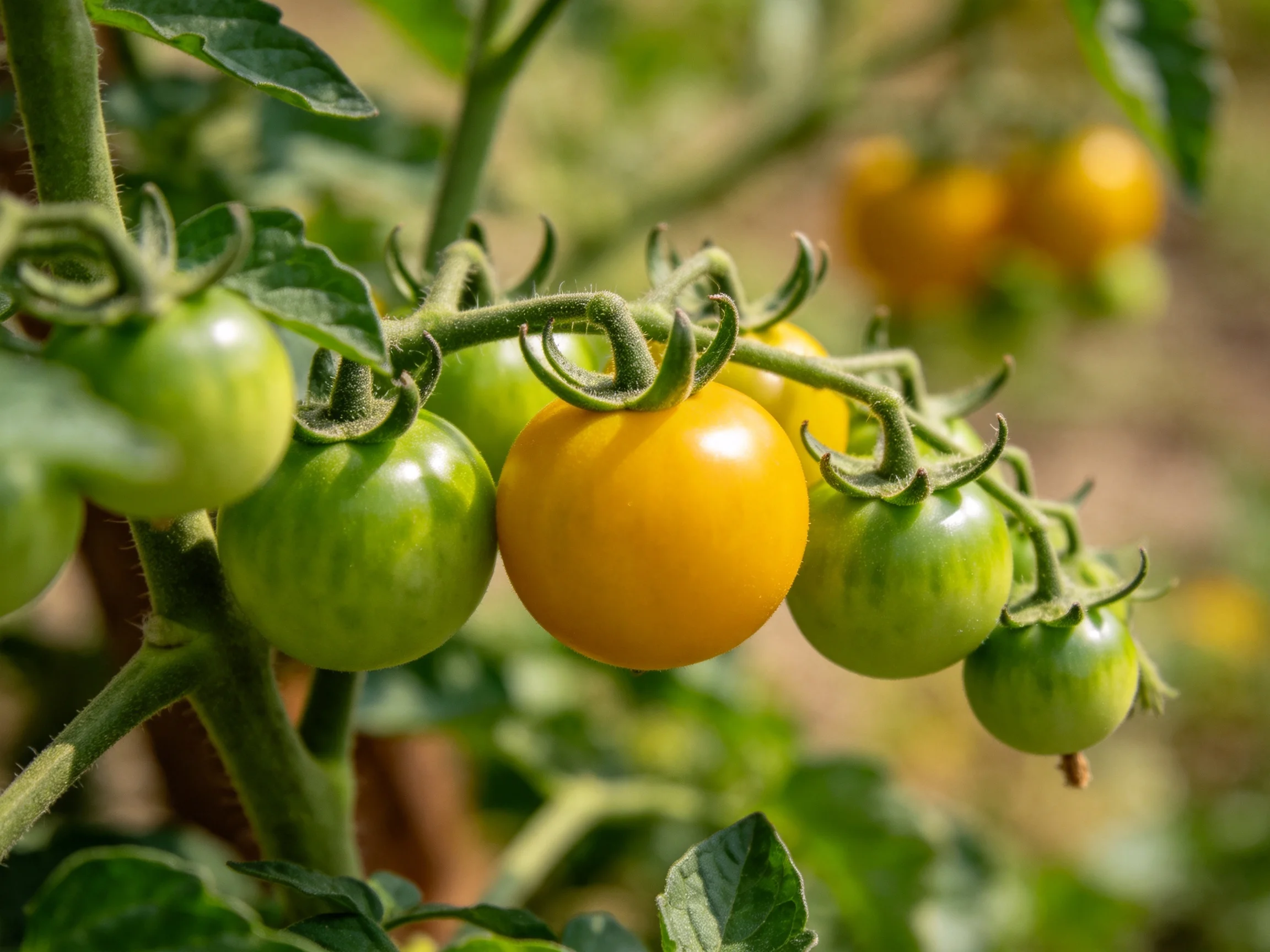 Green and golden cherry tomatoes ripen on a leafy vine