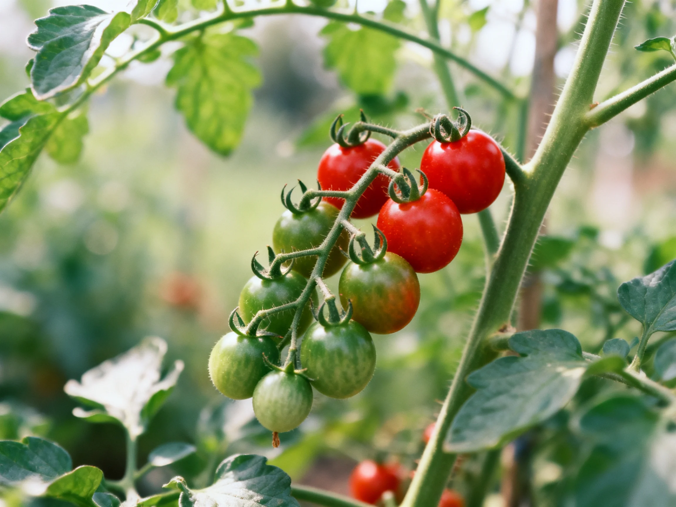 Green and red cherry tomatoes cluster on a vine amid lush foliage