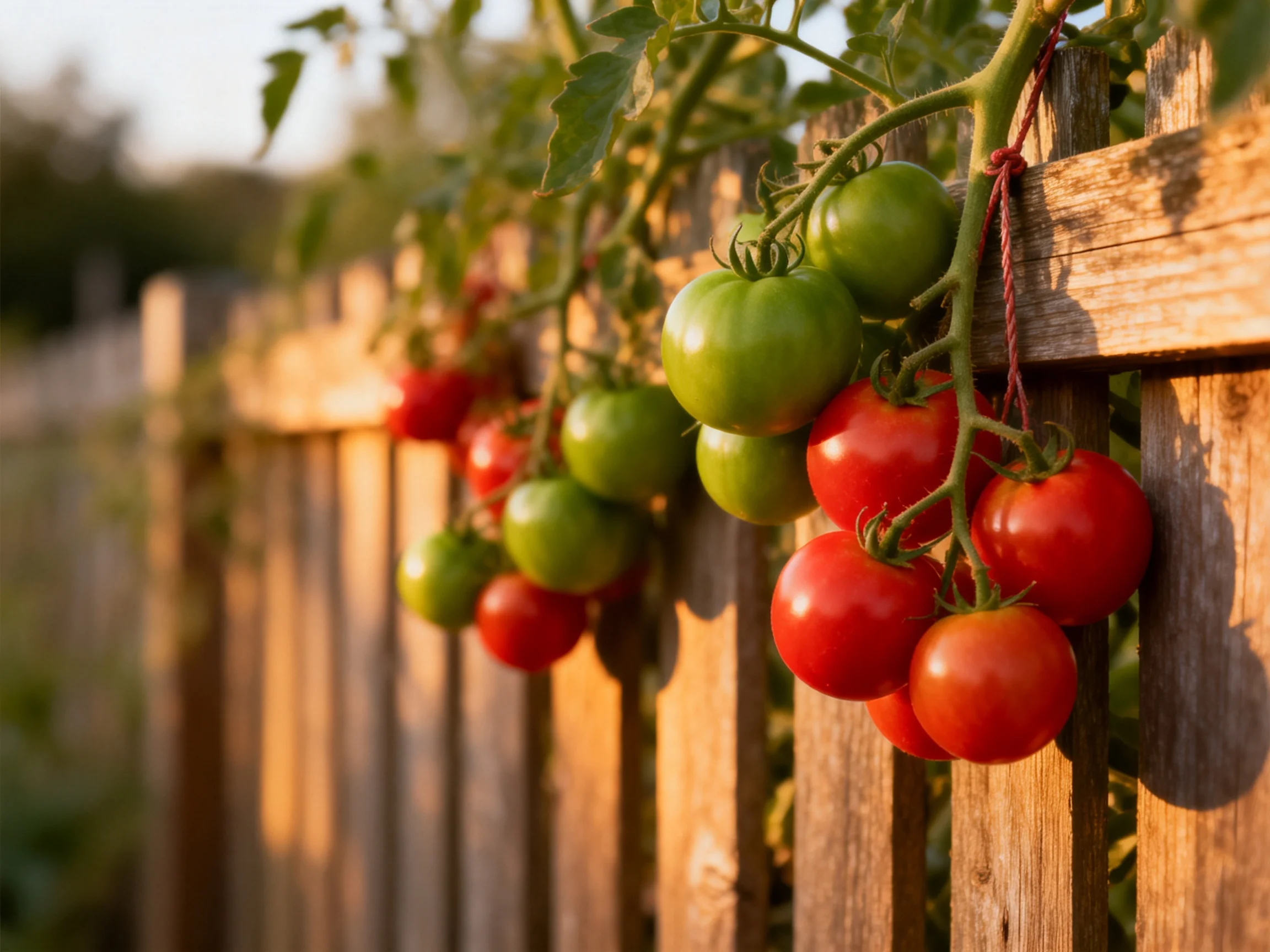 Green and red tomatoes hang from a weathered wooden fence in golden sunlight