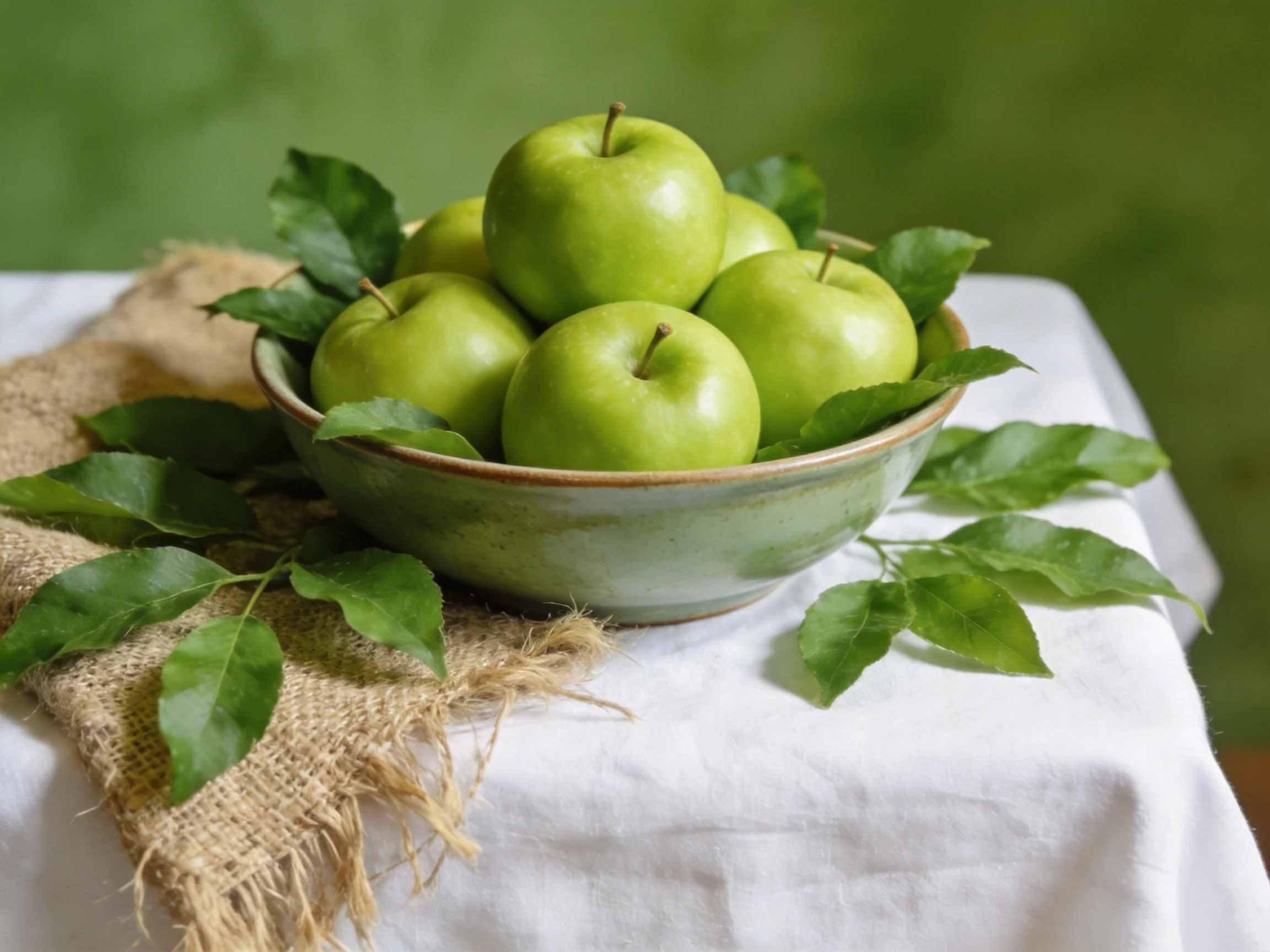 Green apples in a ceramic bowl with leaves on a white cloth