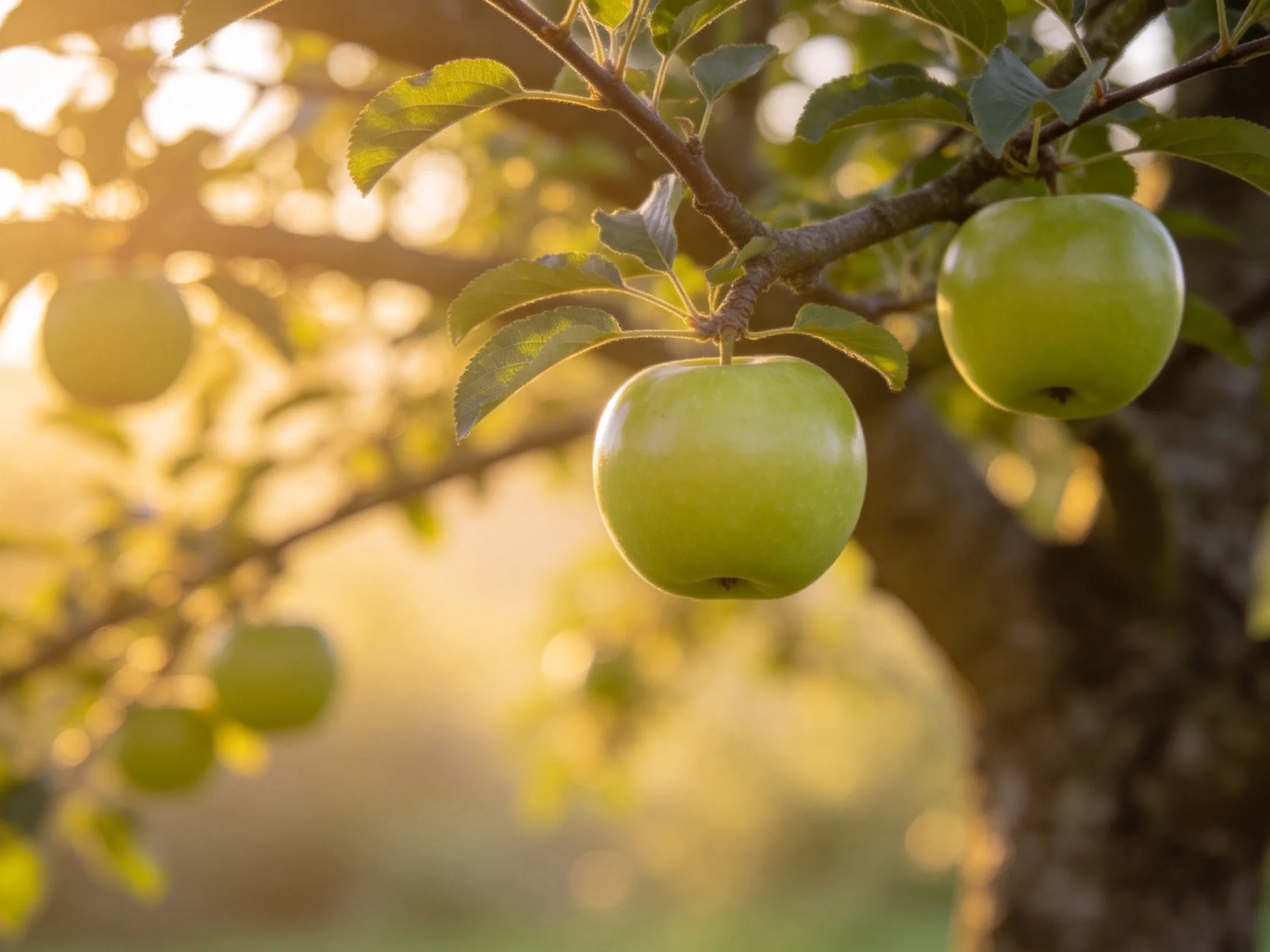 Green apples on a tree in golden sunlight