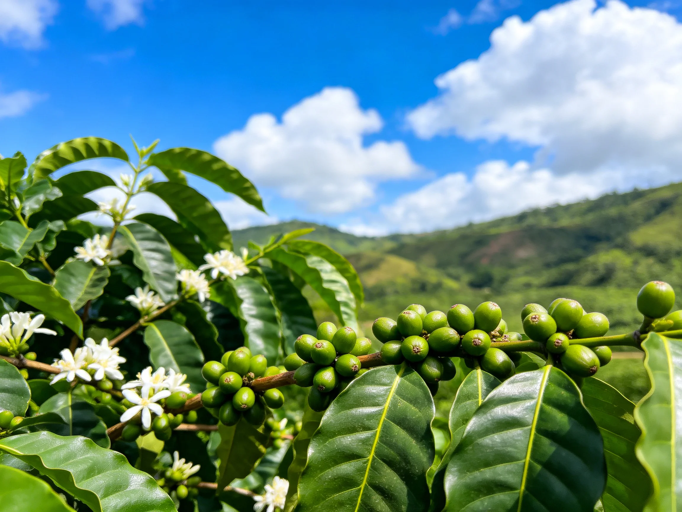 Green coffee cherries and white blooms under bright blue skies over rolling hills