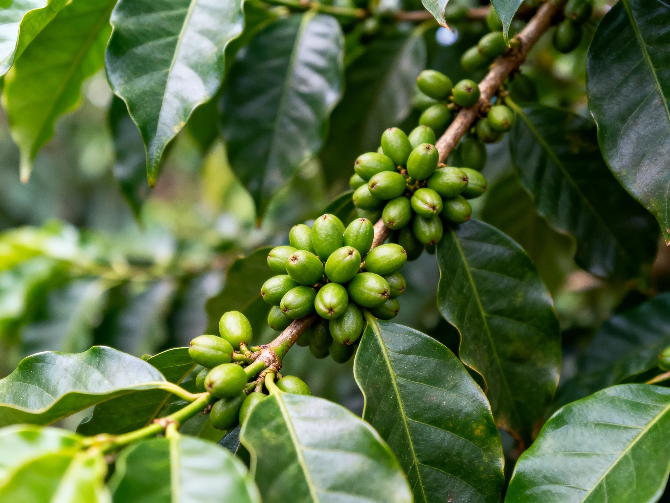 Green coffee cherries cluster on a branch with glossy leaves