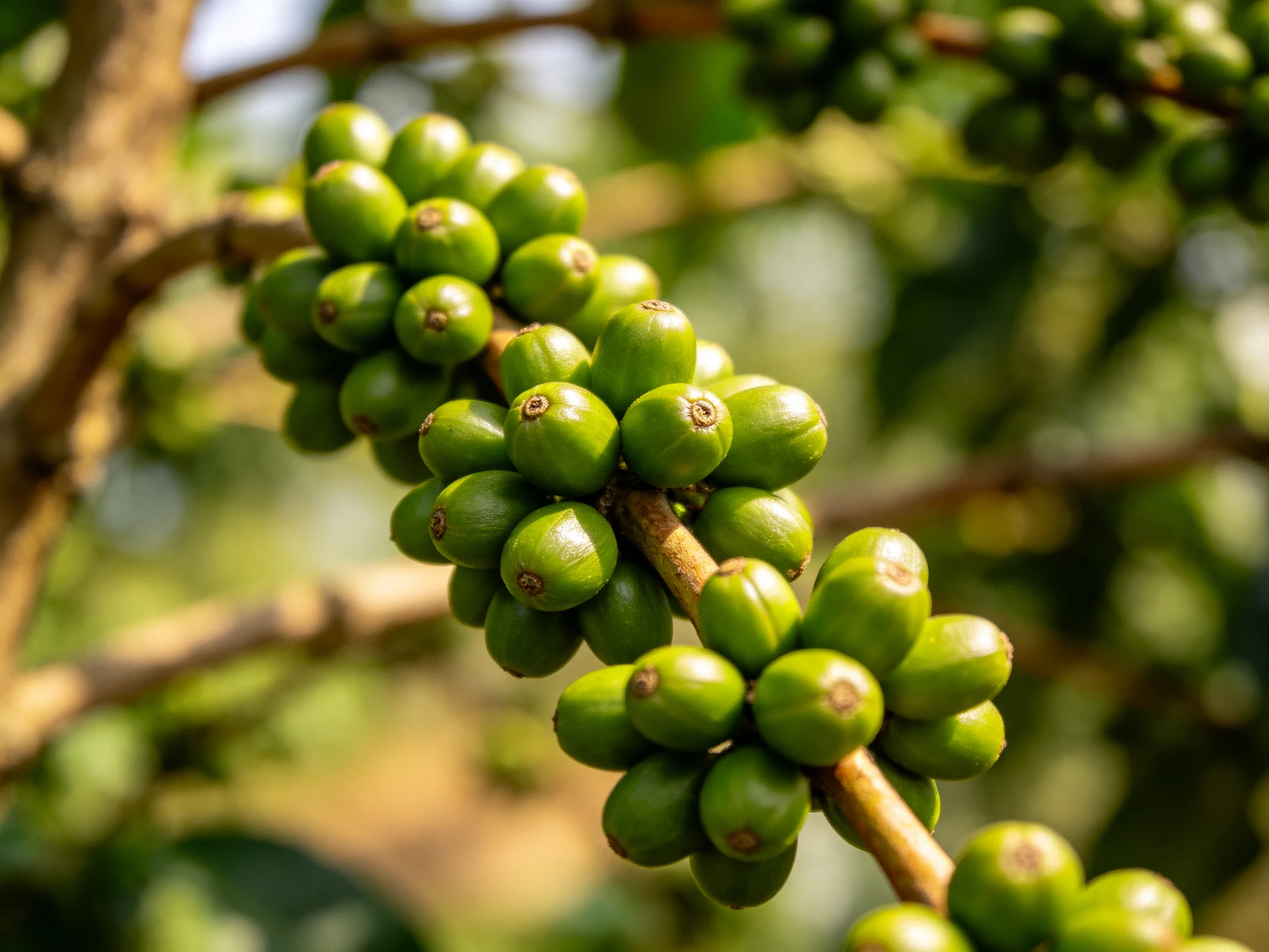 Green coffee cherries clustered densely on a brown tree branch