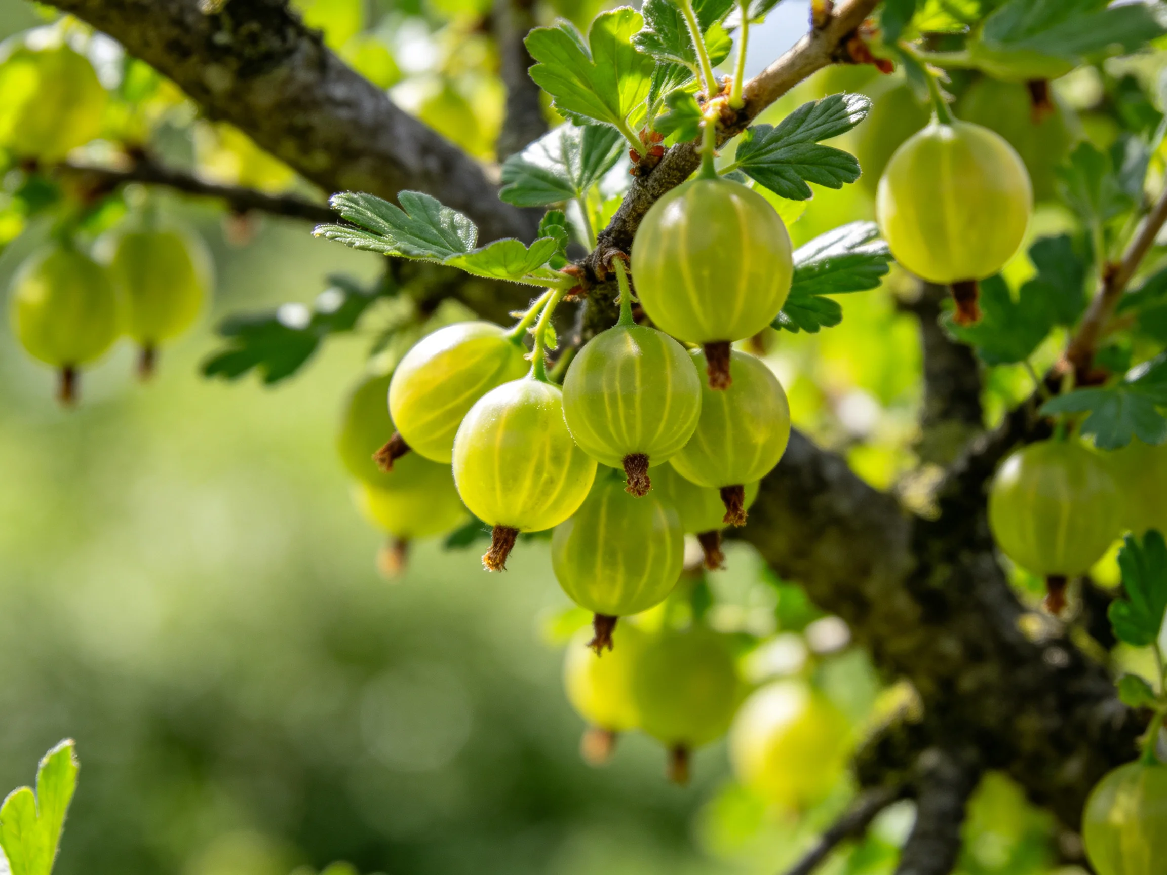 Green gooseberries cluster on a leafy bush with rough bark