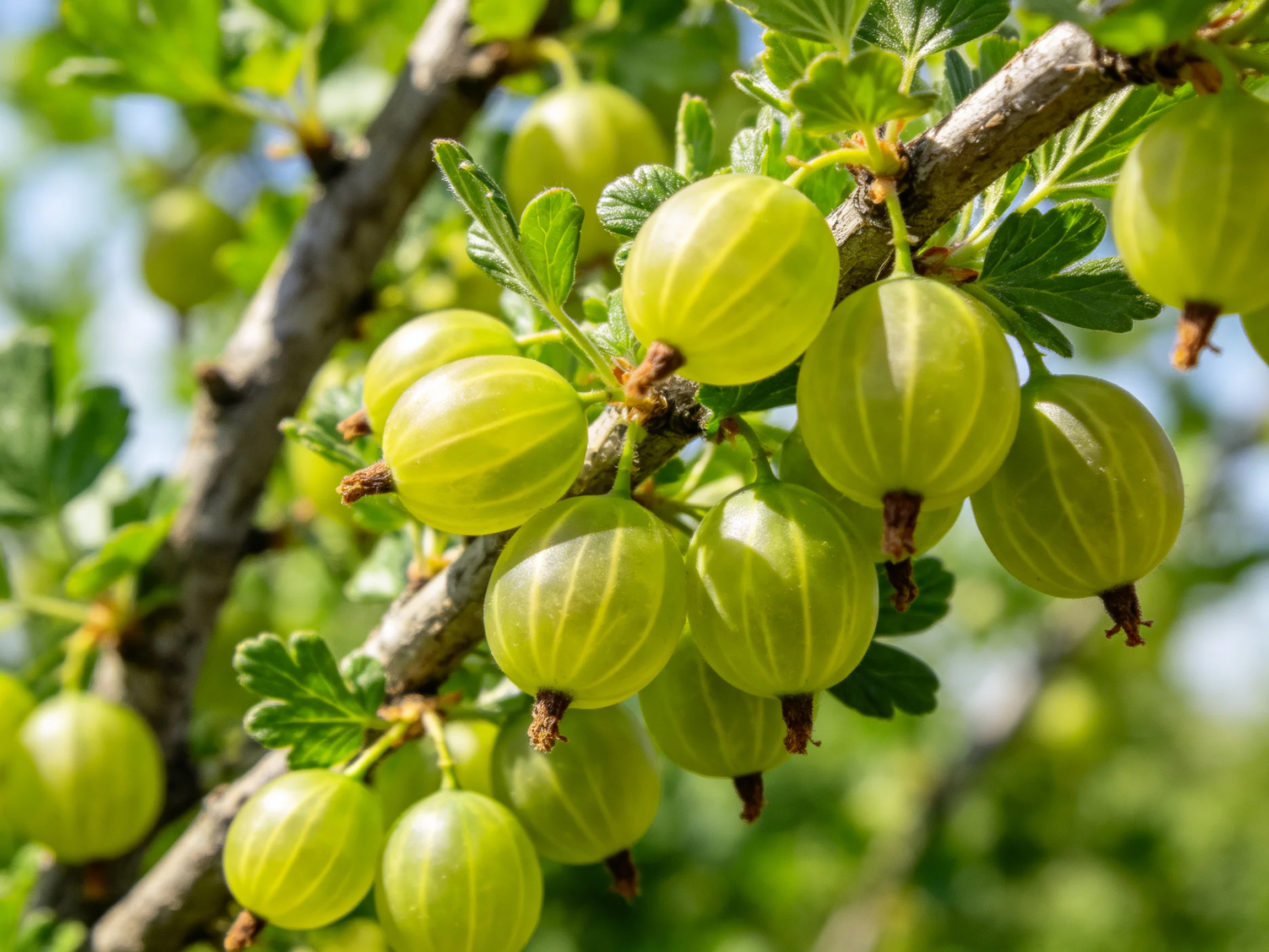 Green gooseberries cluster on a tree branch with abundant foliage