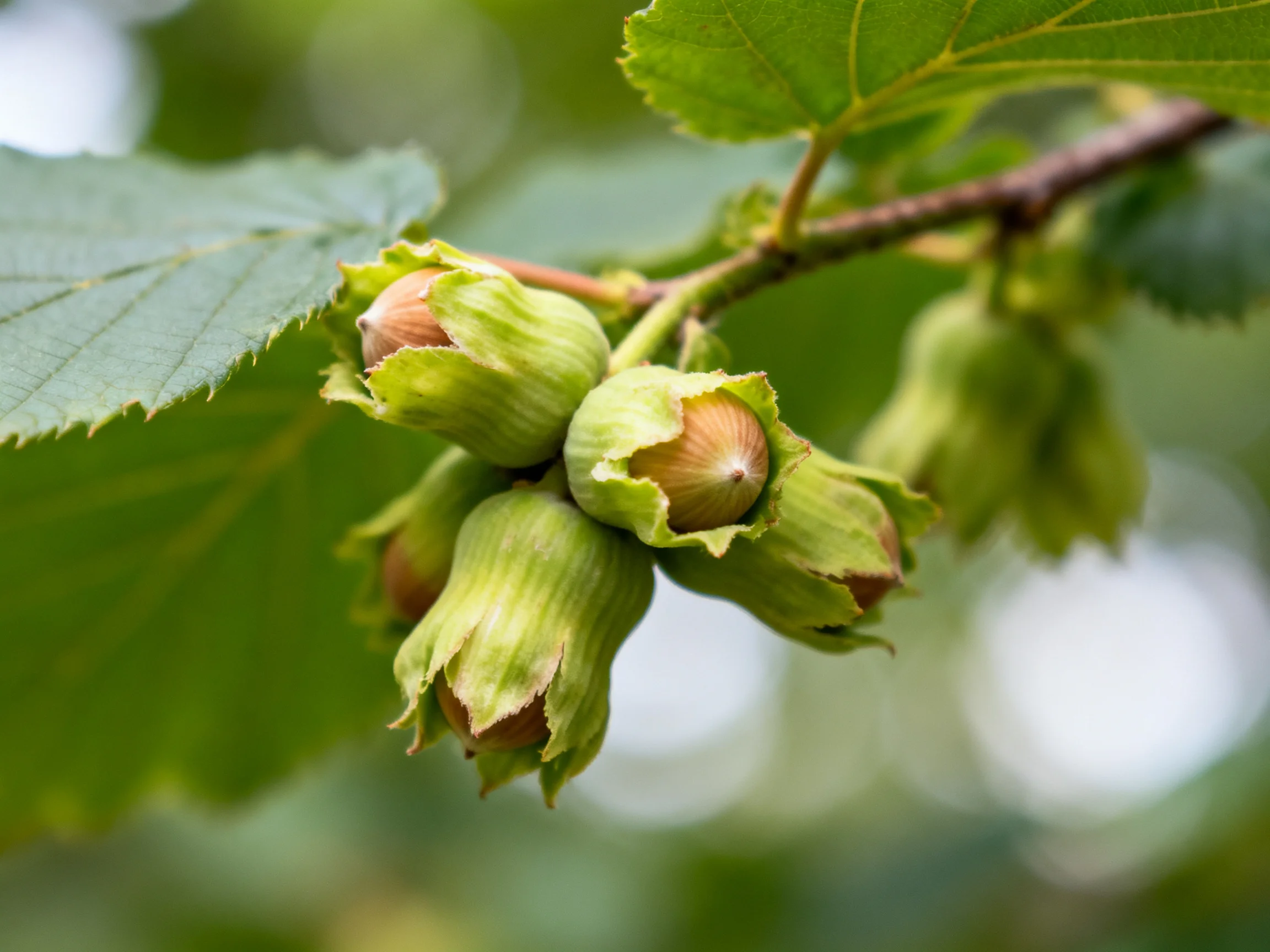 Green hazelnut clusters on a tree branch with broad leaves