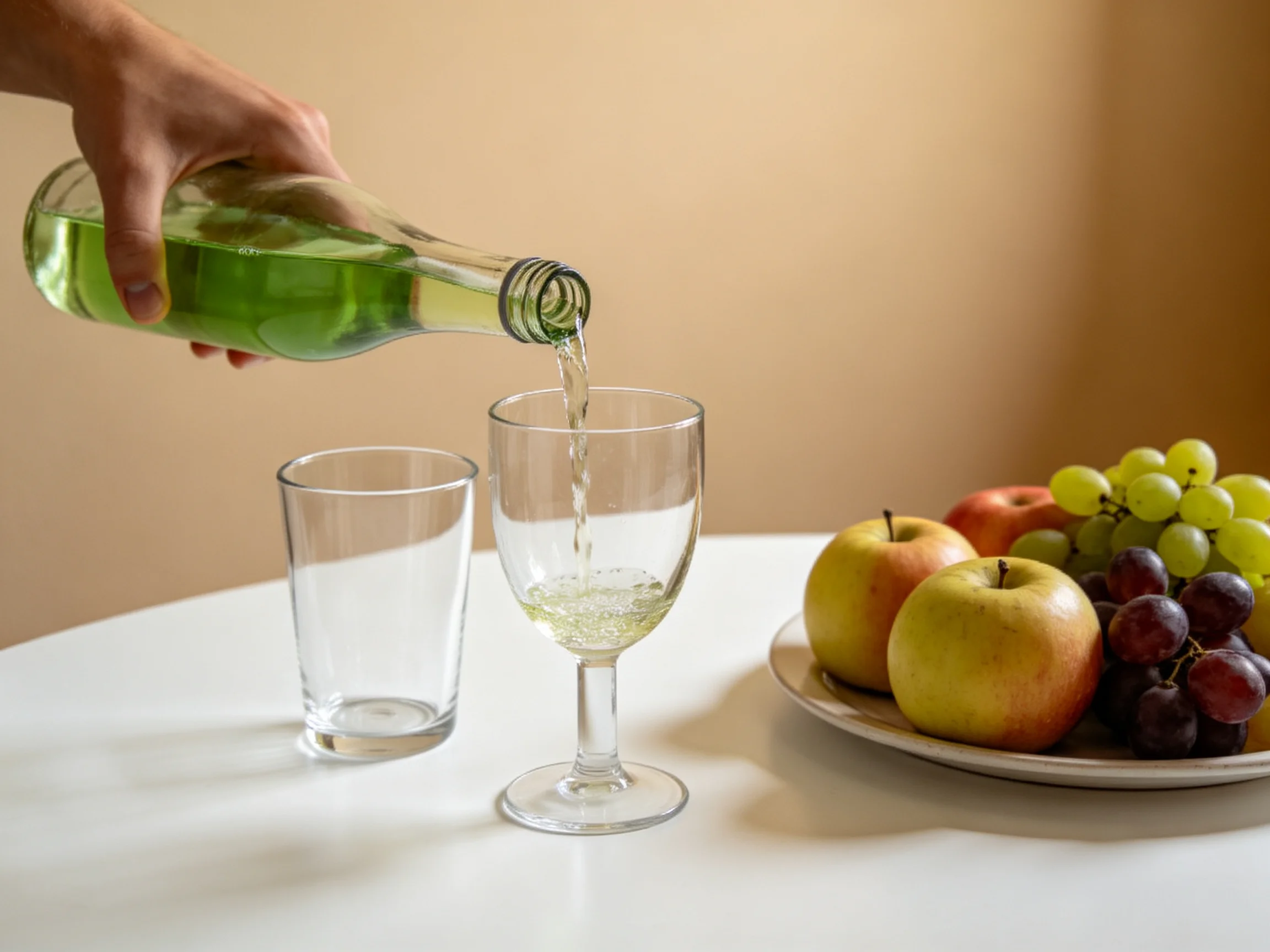 Green liquid poured into a wine glass near fresh fruits on a white table