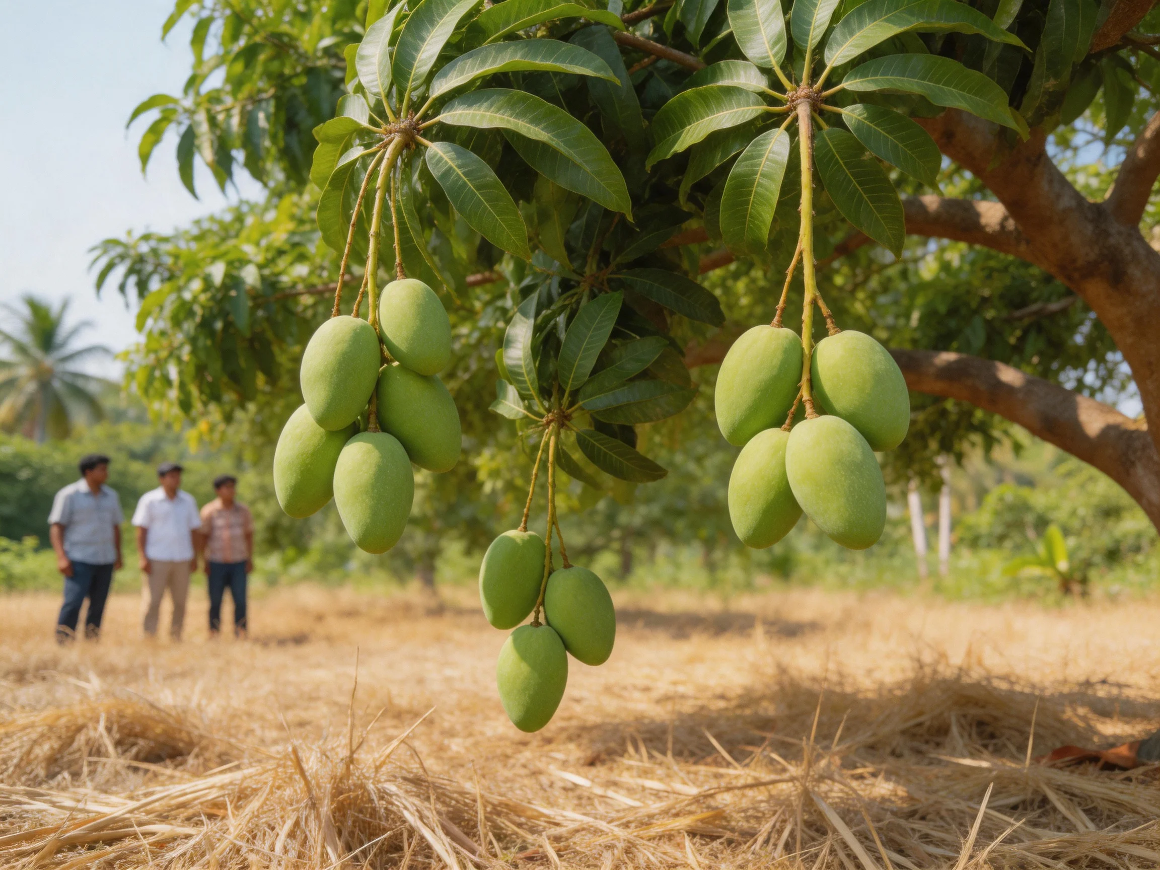 Green mango clusters hang from a tree near three people in a sunlit field