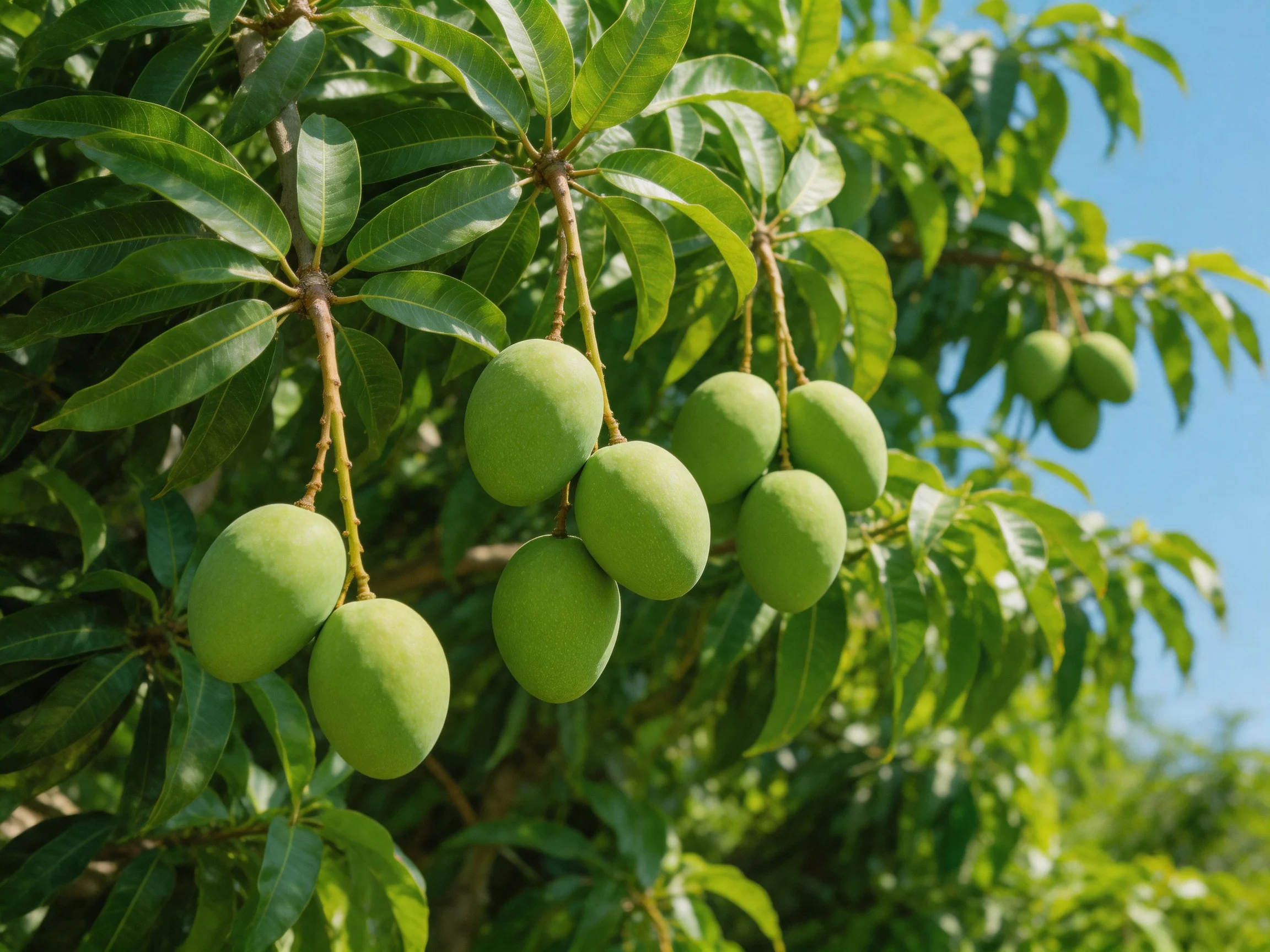 Green mango fruits cluster on branches of a leafy tree