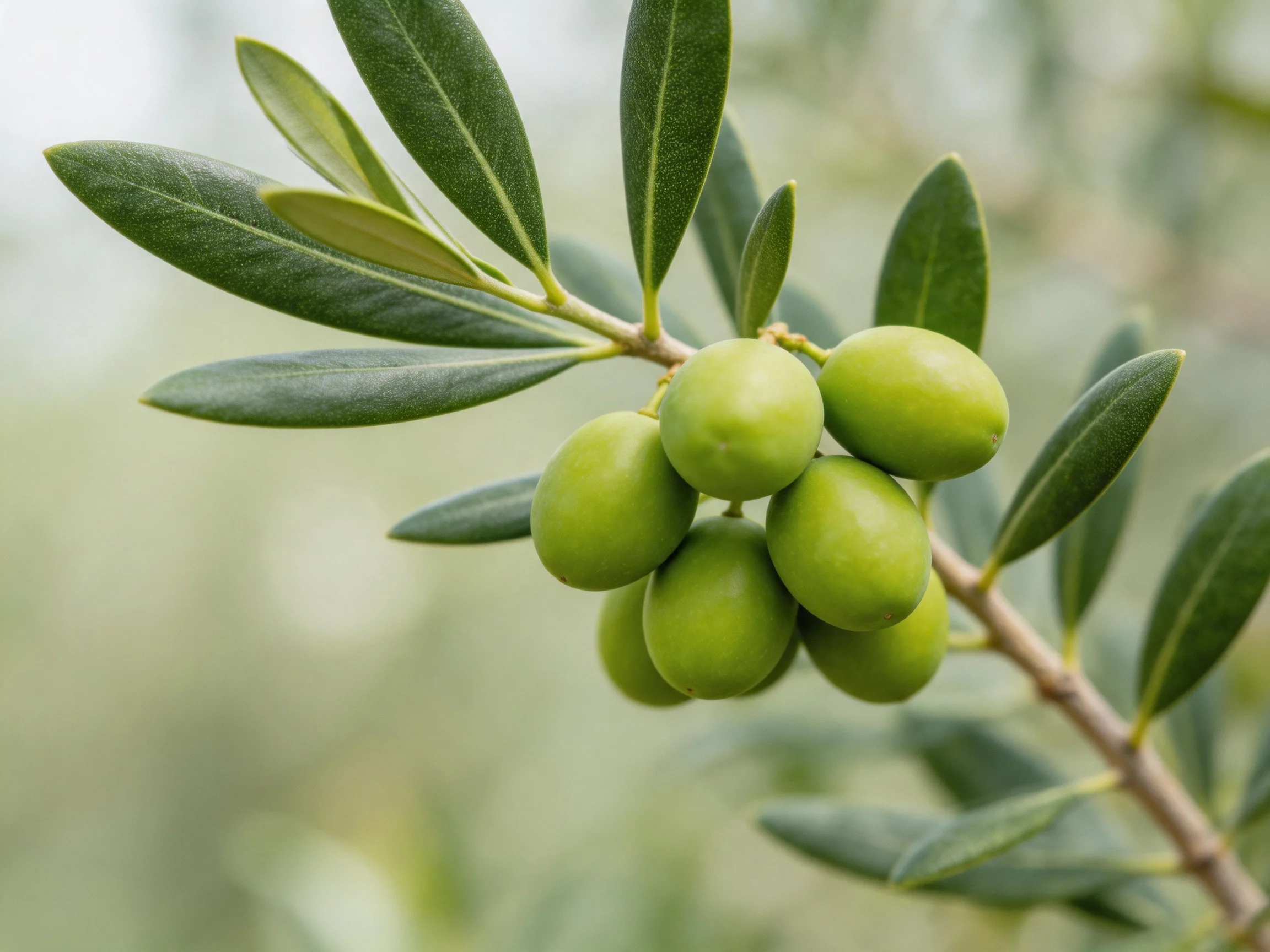 Green olives cluster on an olive tree branch with elongated leaves