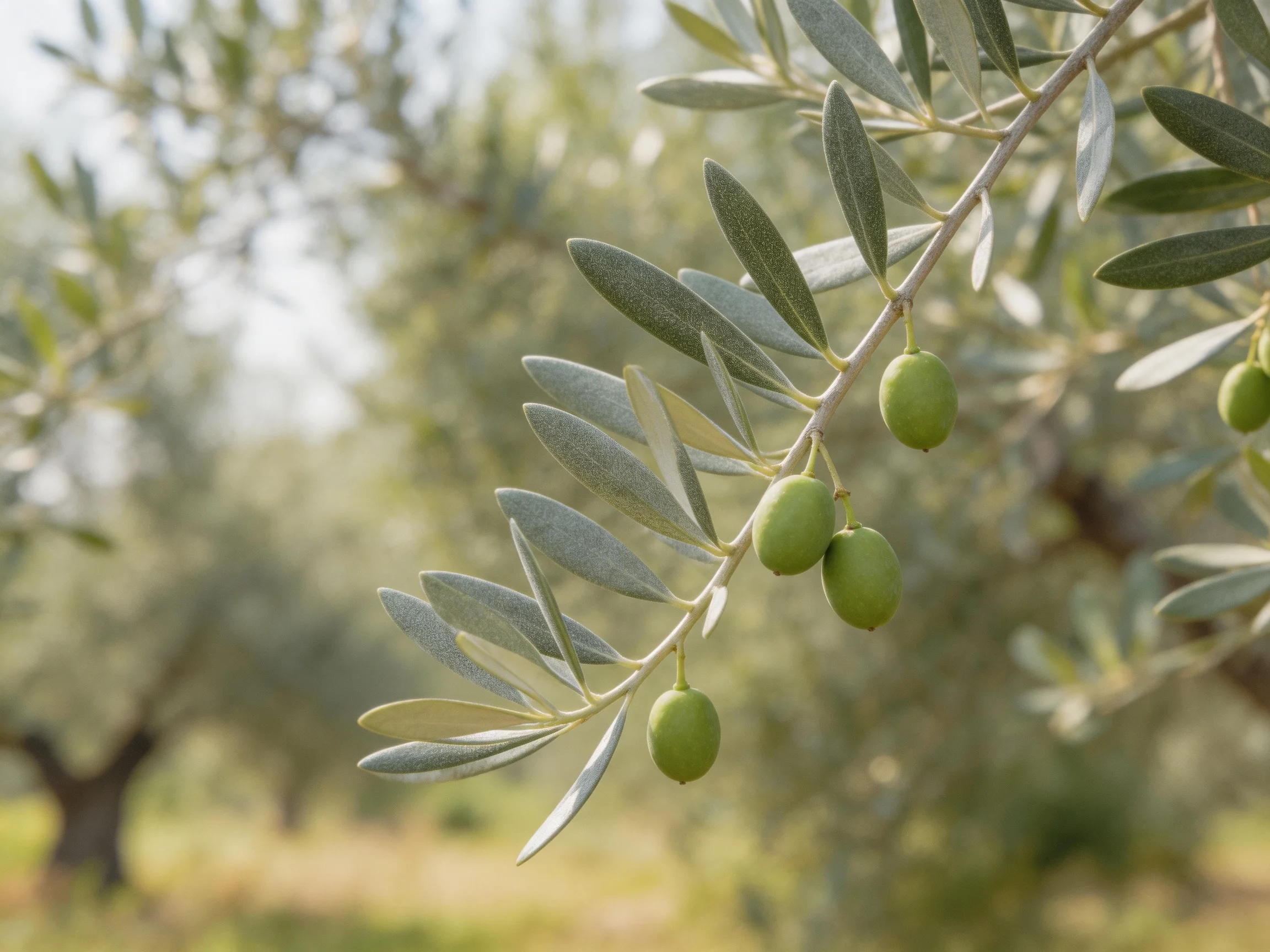 Green olives hang from slender branches amid soft-focus olive trees