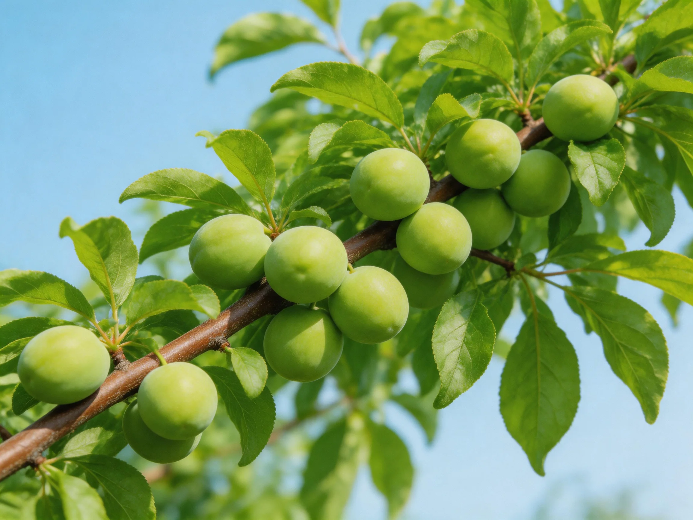 Green plums cluster on a brown tree branch with vibrant leaves