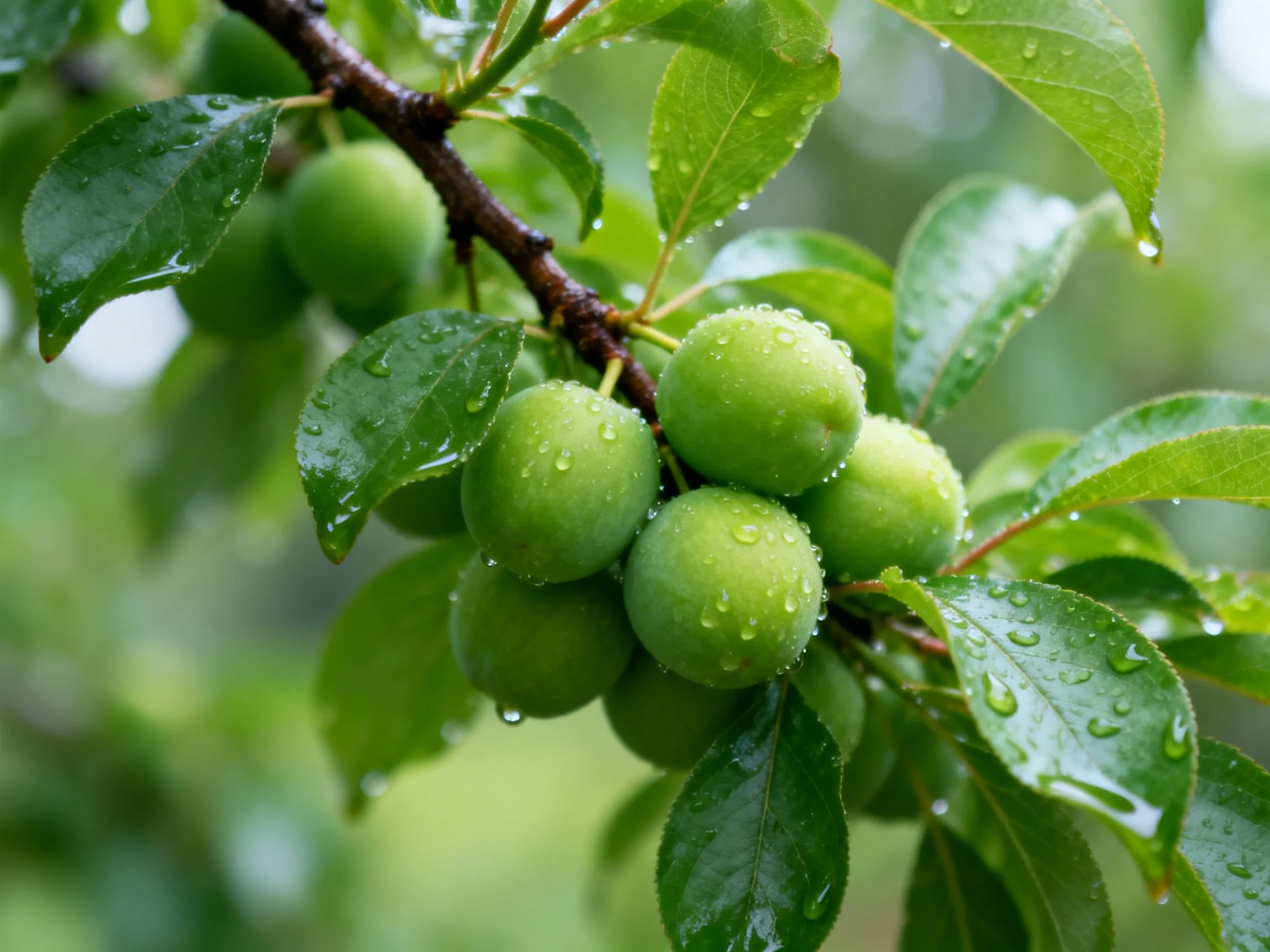 Green plums clustered on branch with dew-covered leaves