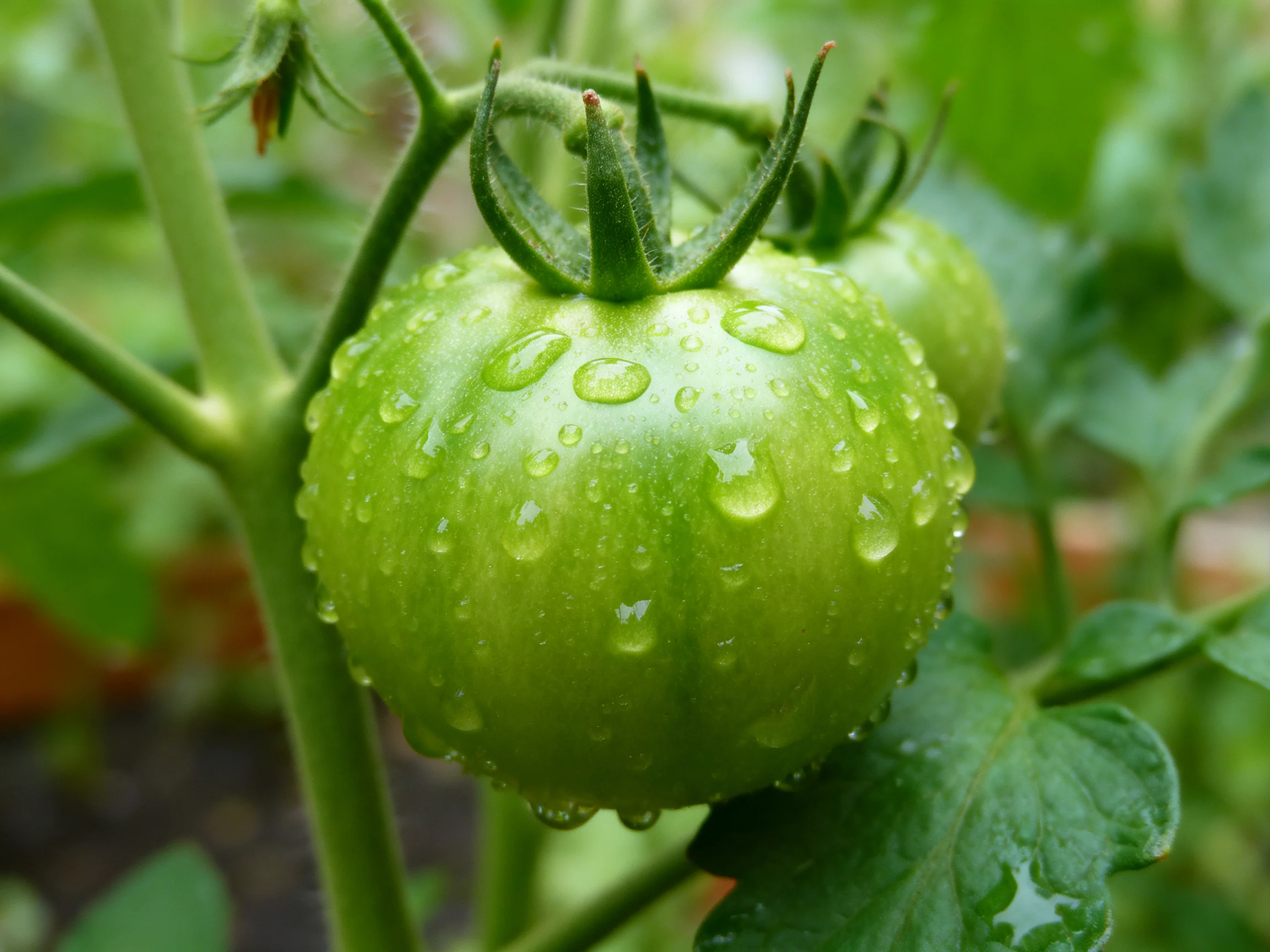 Green tomatoes with dewdrops on vine in lush garden