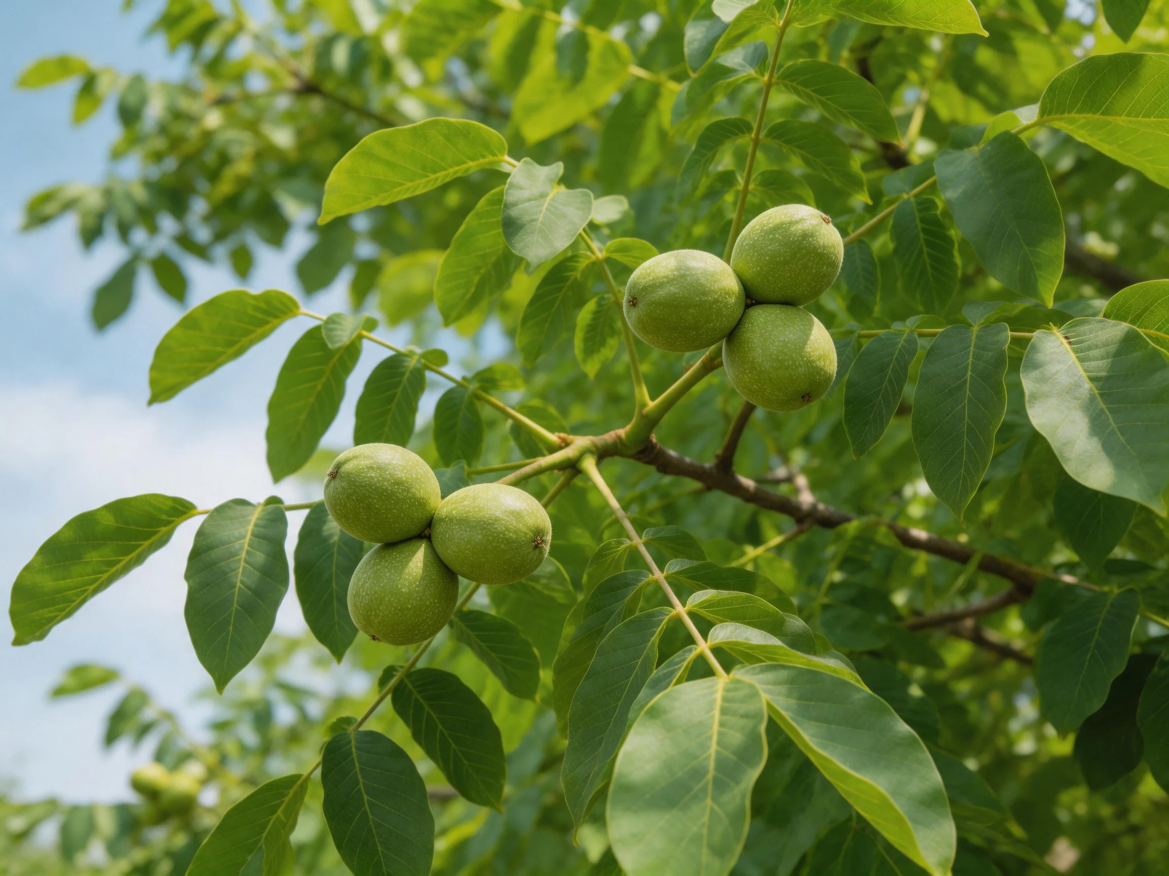 Green walnuts clustered among lush green leaves on tree branches