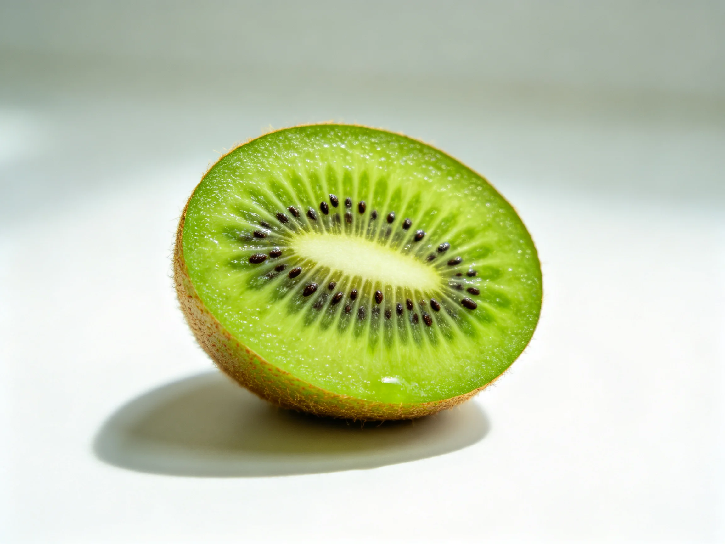 Half a fresh green kiwi with brown skin and black seeds