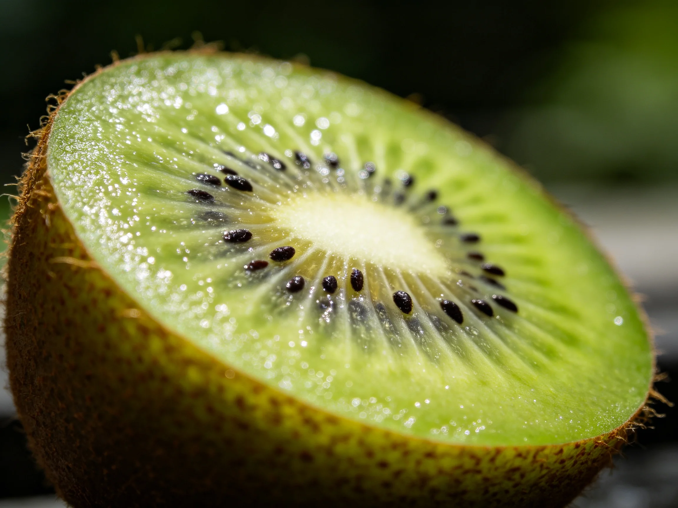 Half of a fresh green kiwi fruit displaying vibrant flesh and seeds