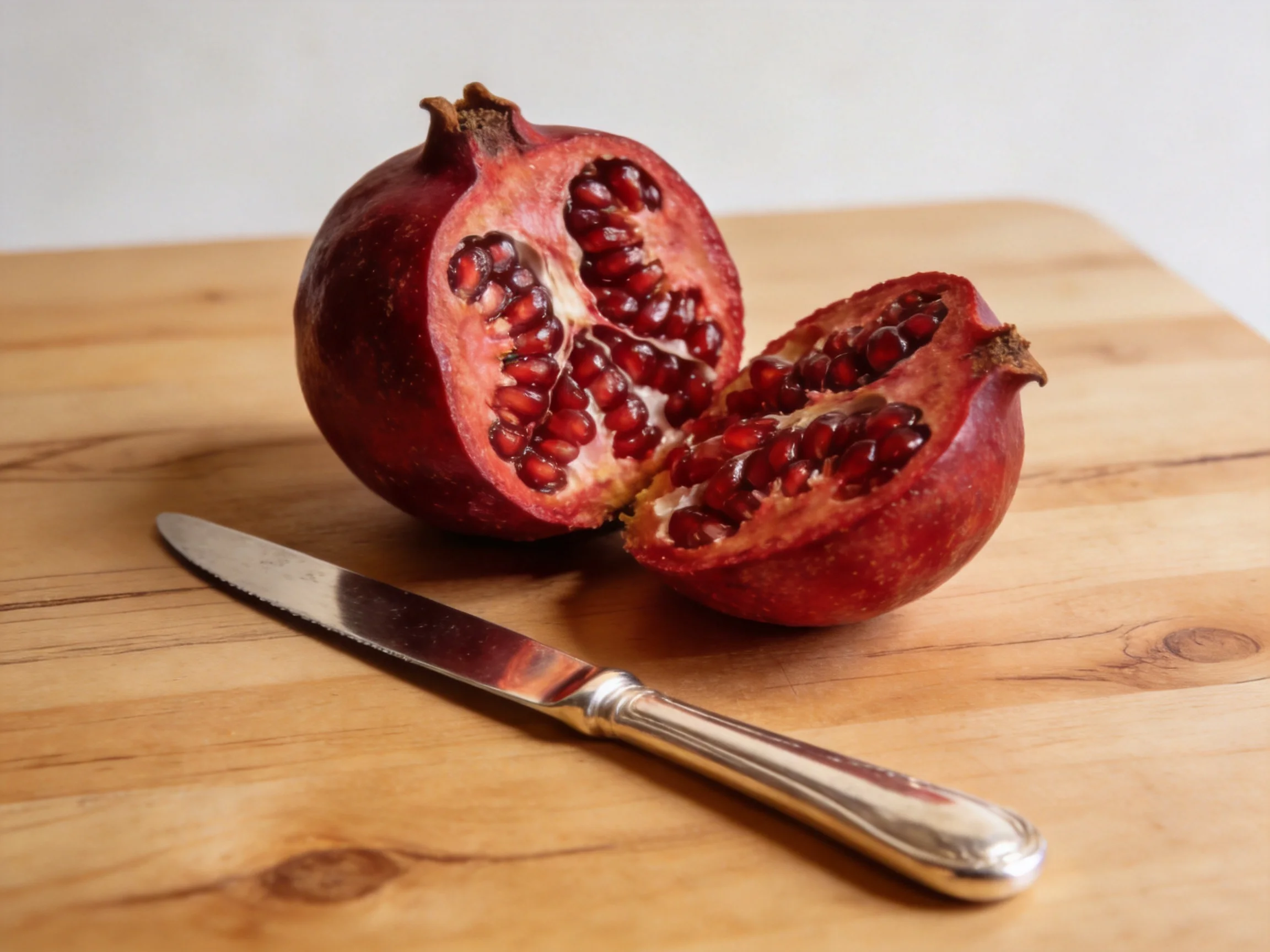 Halved pomegranate with deep red seeds on a wooden cutting board