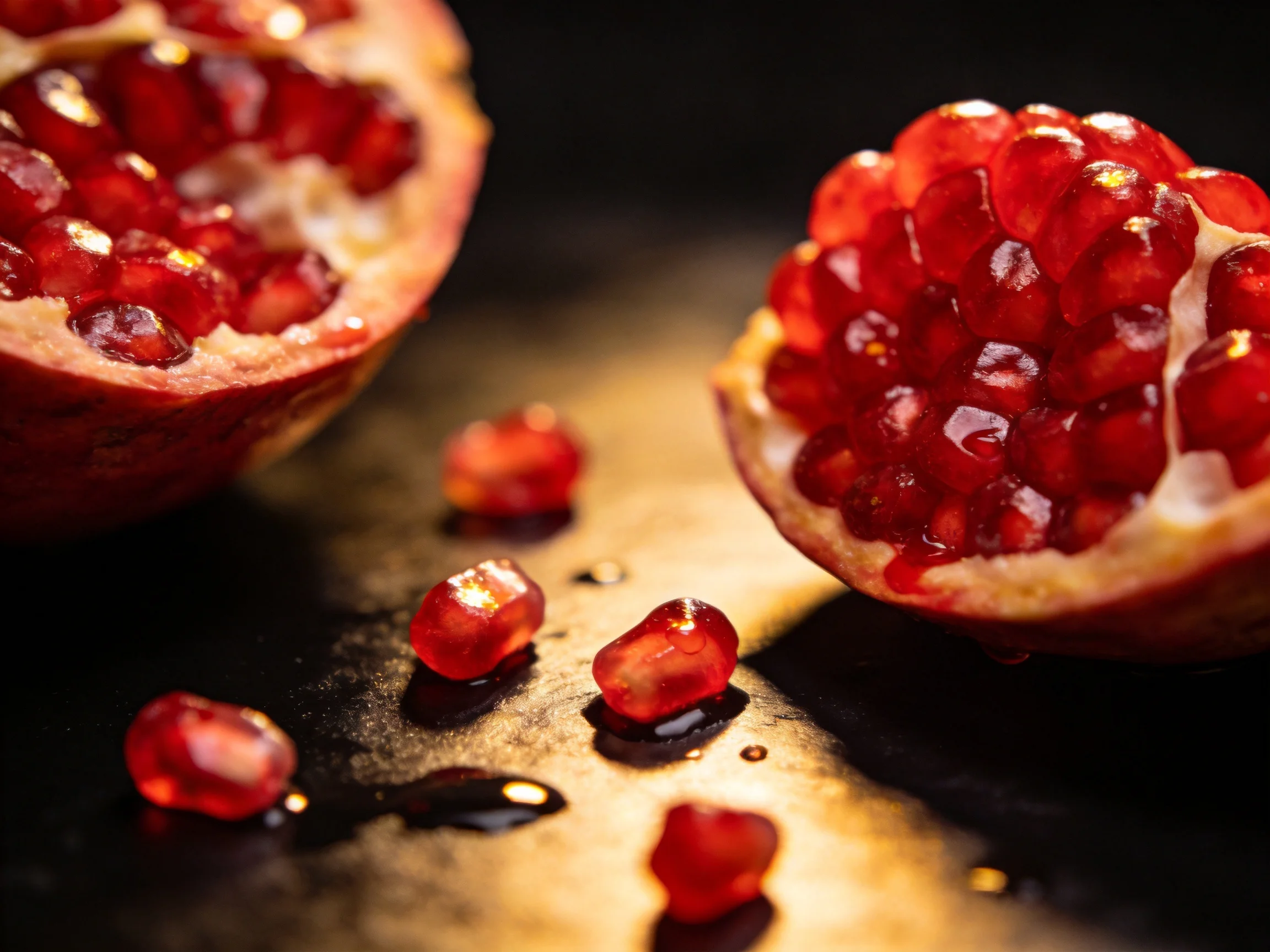 Halved pomegranates display glossy red arils