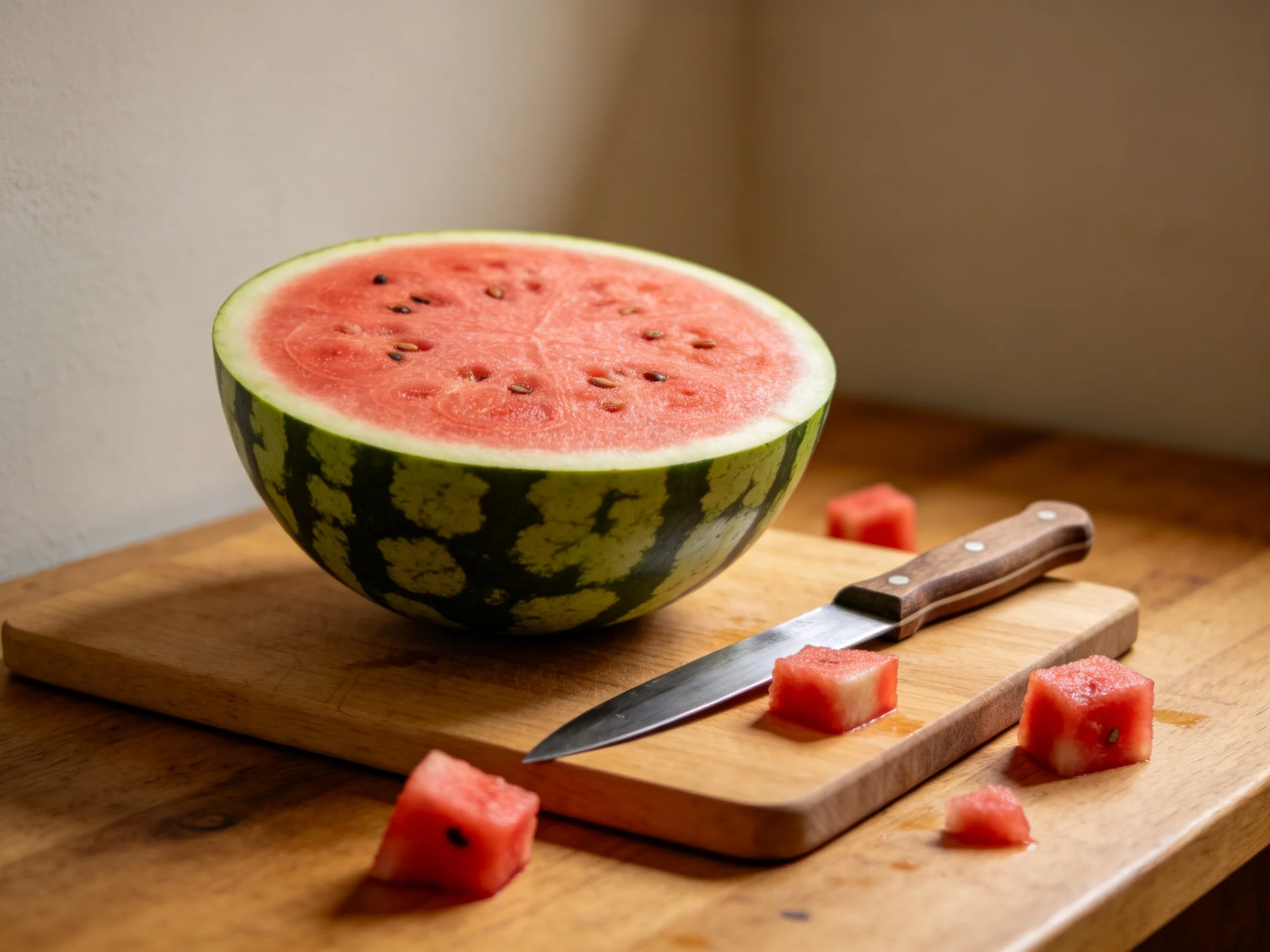Halved watermelon with pink flesh on wooden cutting board with knife