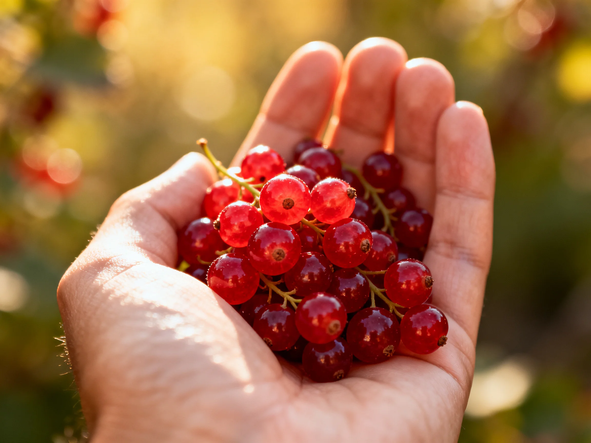 Hand cradling a cluster of glossy red berries under warm sunlight