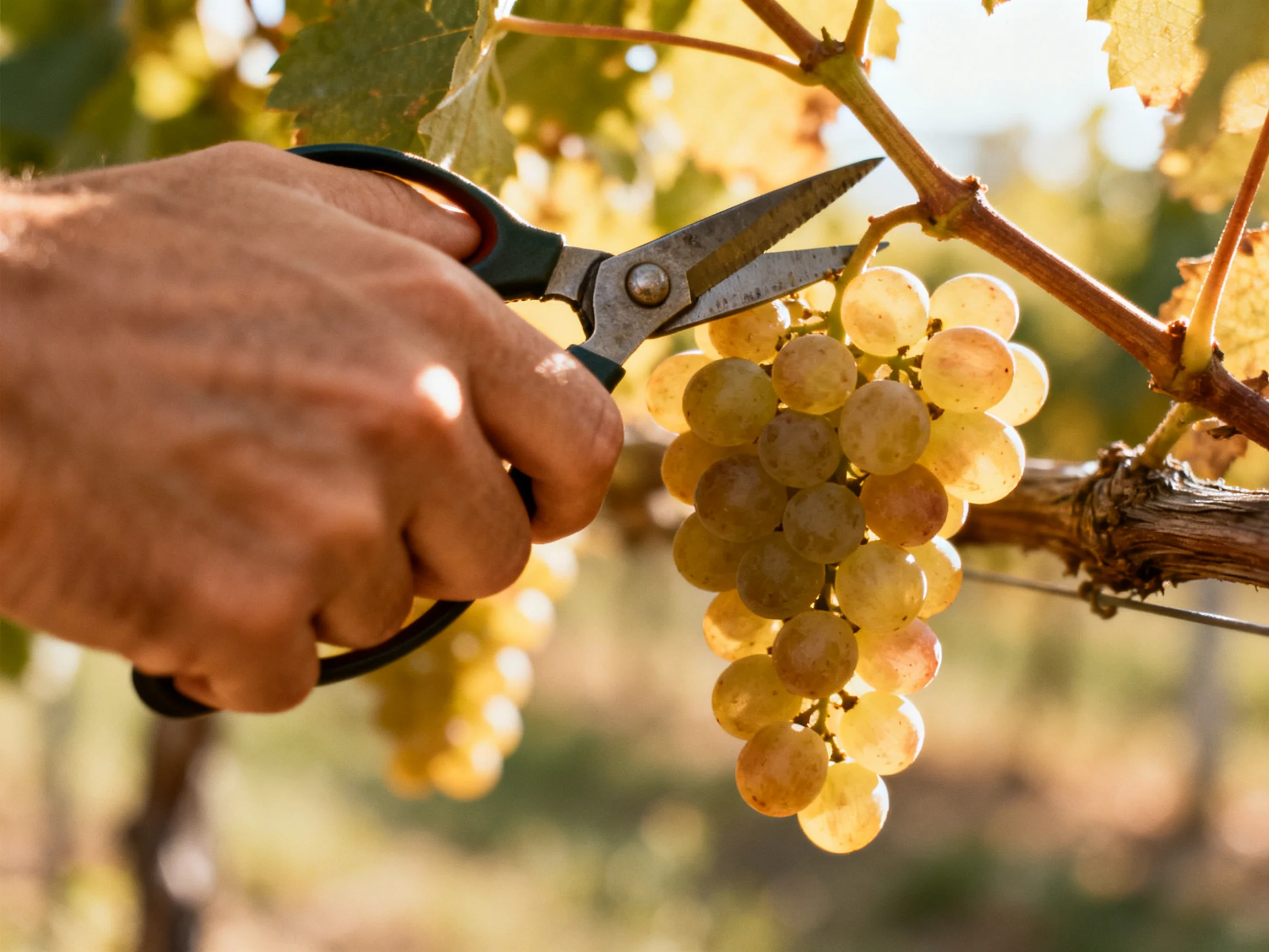 Hand cutting golden grapes with scissors in a vineyard