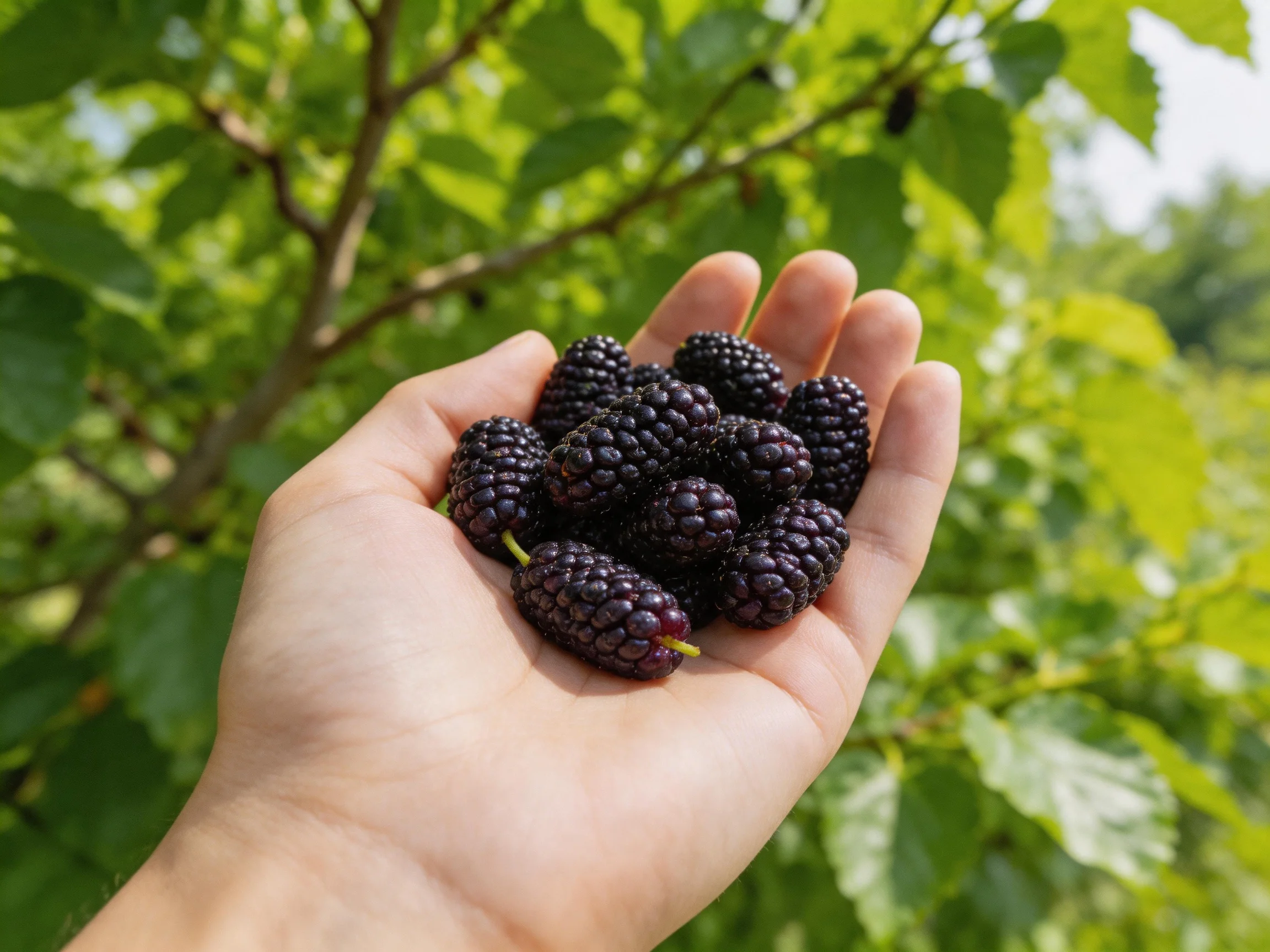 Hand holding plump dark purple mulberries near lush green foliage